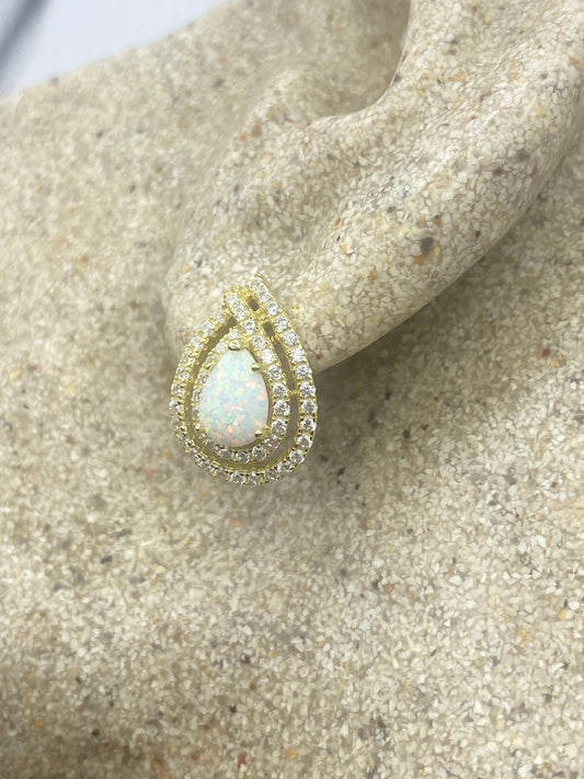 Vintage White Opal Earrings White Sapphire Golden 925 Sterling Silver