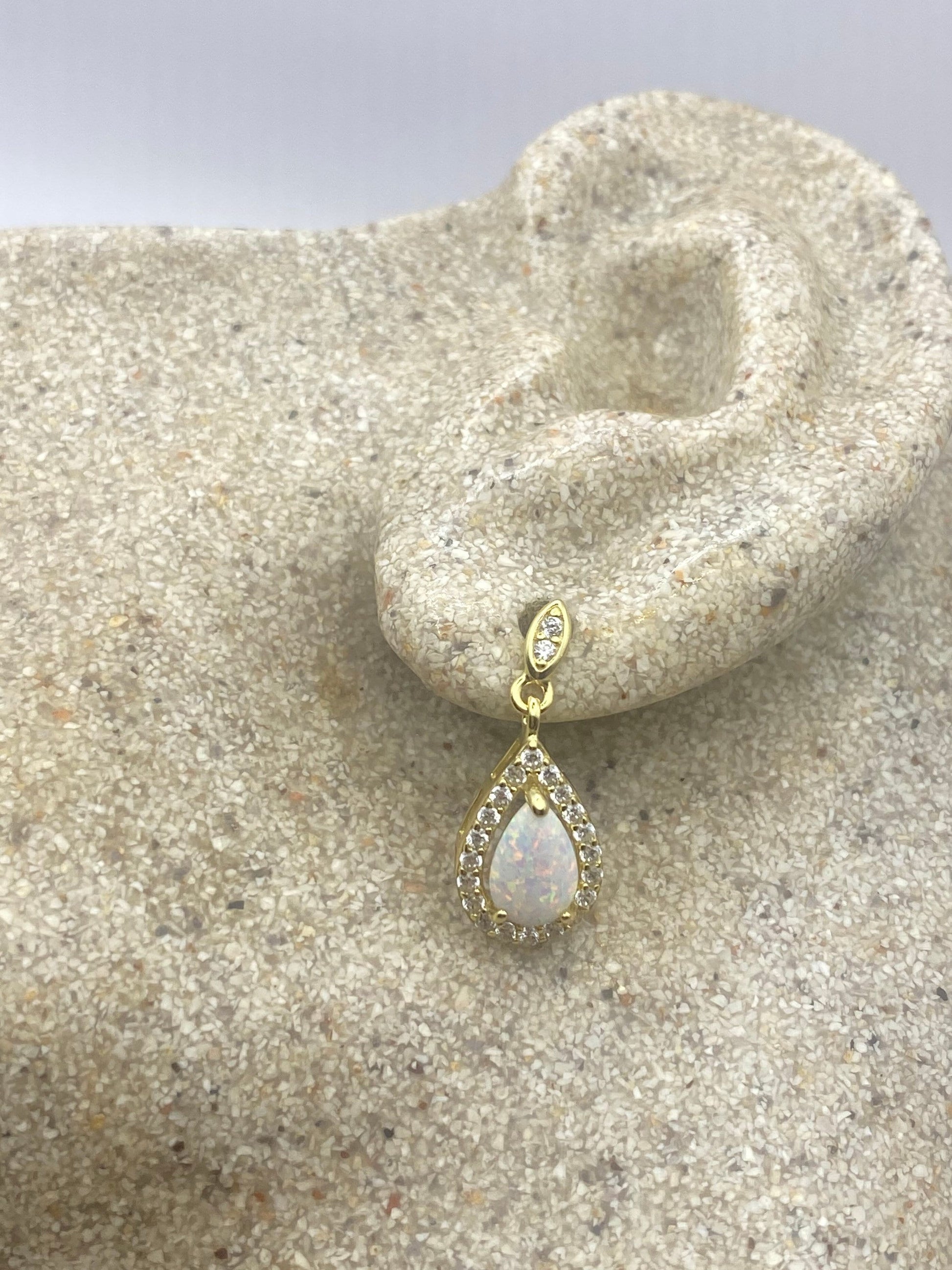 Vintage White Opal Earrings White Sapphire Golden 925 Sterling Silver