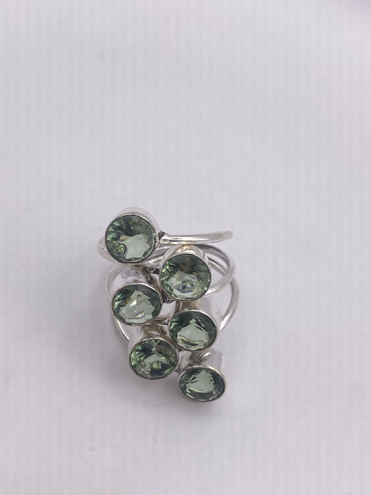 Vintage Green Quartz White Bronze Silver Ring Adjustable