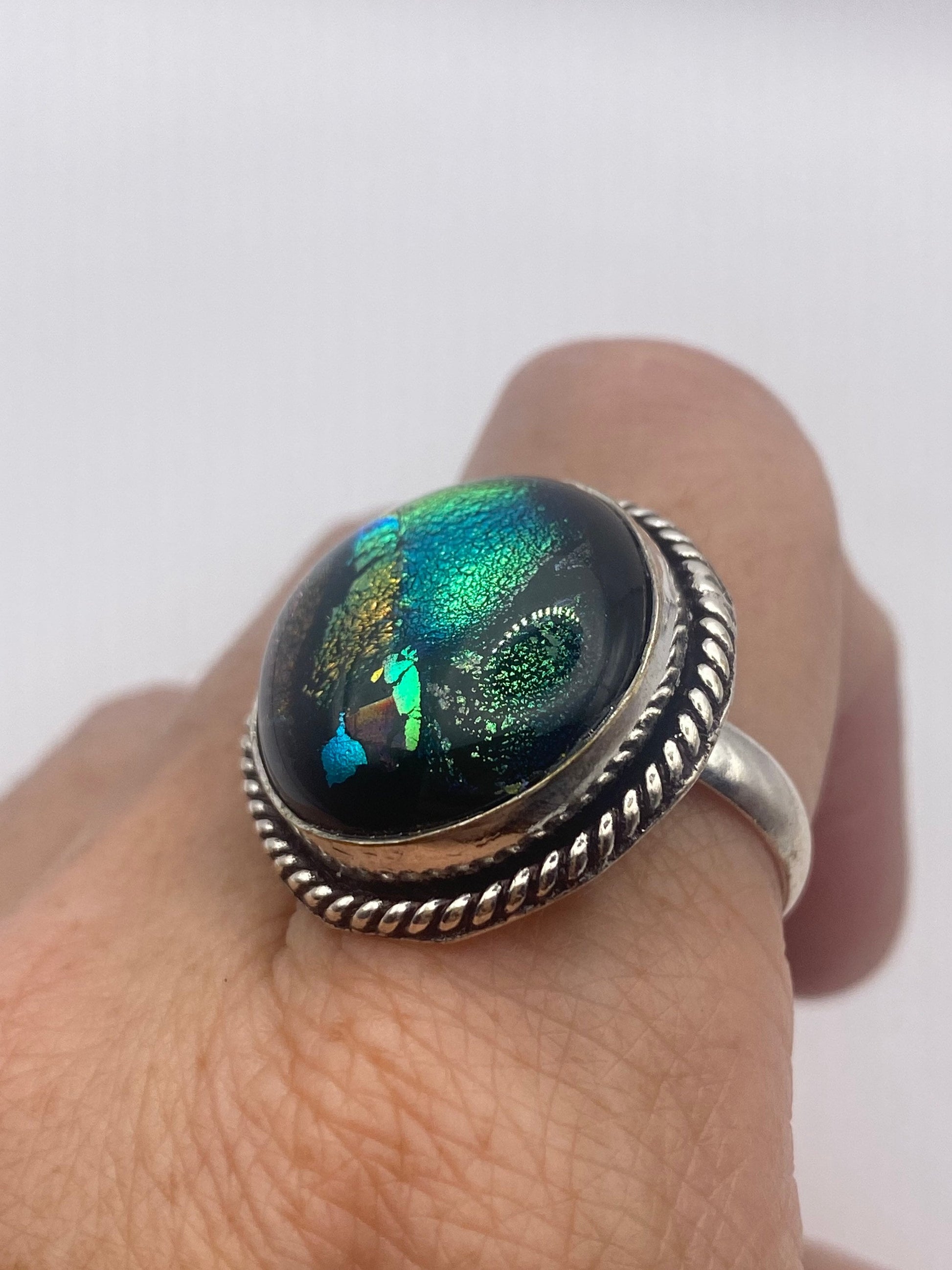 Vintage Aqua Blue Butterfly Wing Art Glass Ring