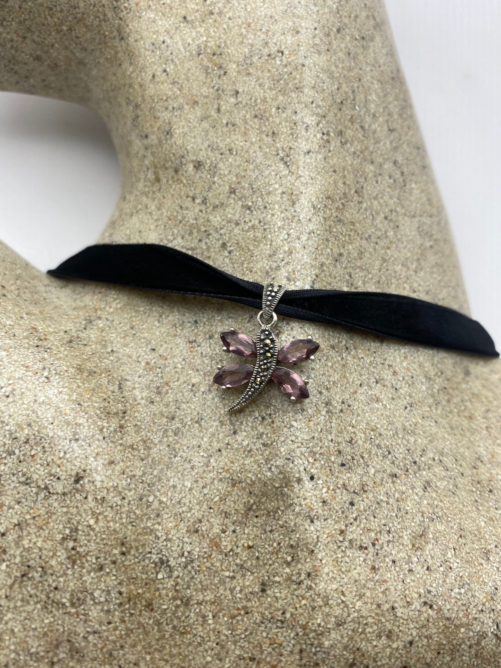 Vintage Amethyst Marcasite 925 Sterling Silver Dragonfly Dangle Pendant Necklace