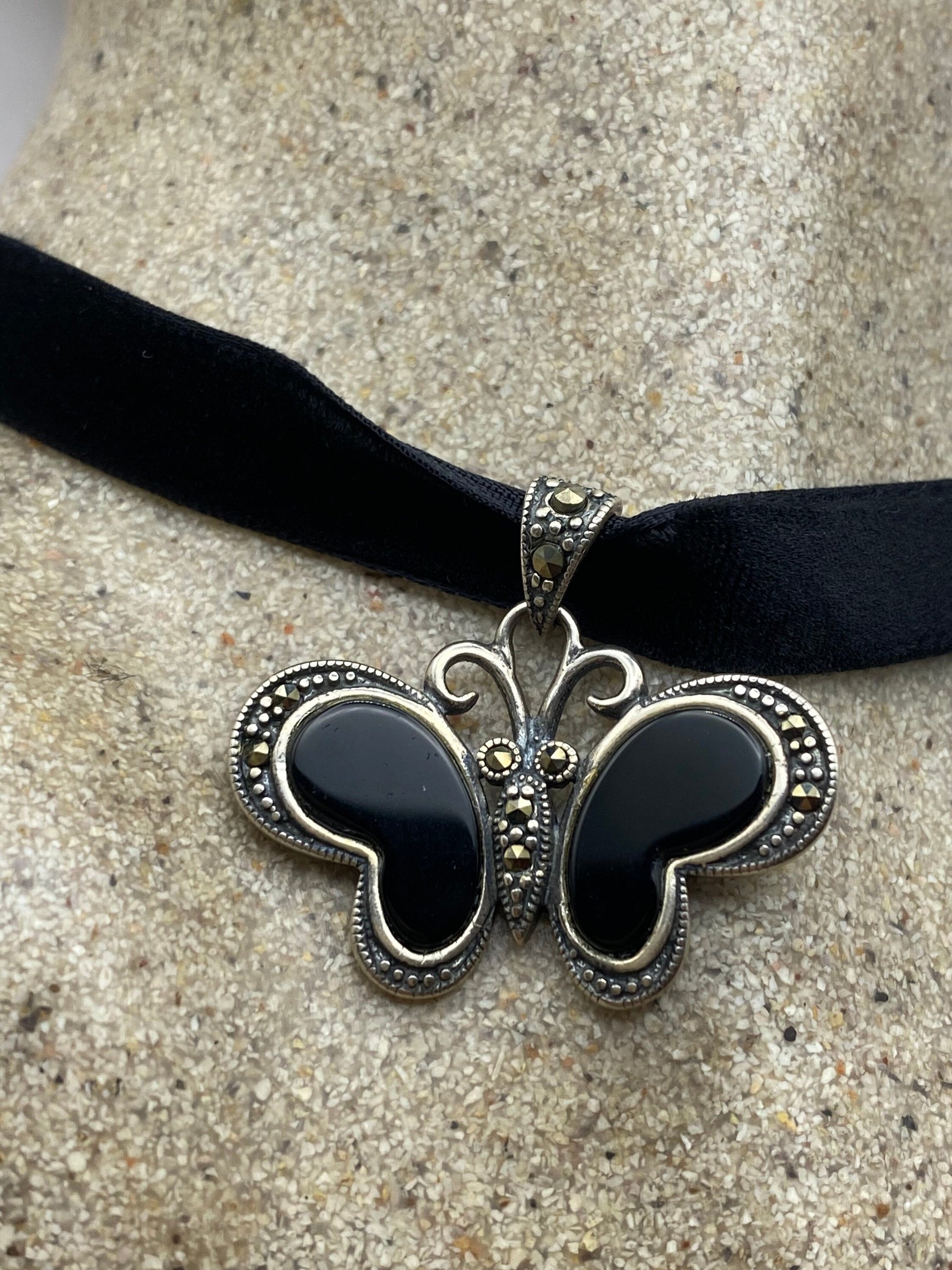 Vintage Black Onyx Marcasite 925 Sterling Silver Butterfly Pendant Necklace