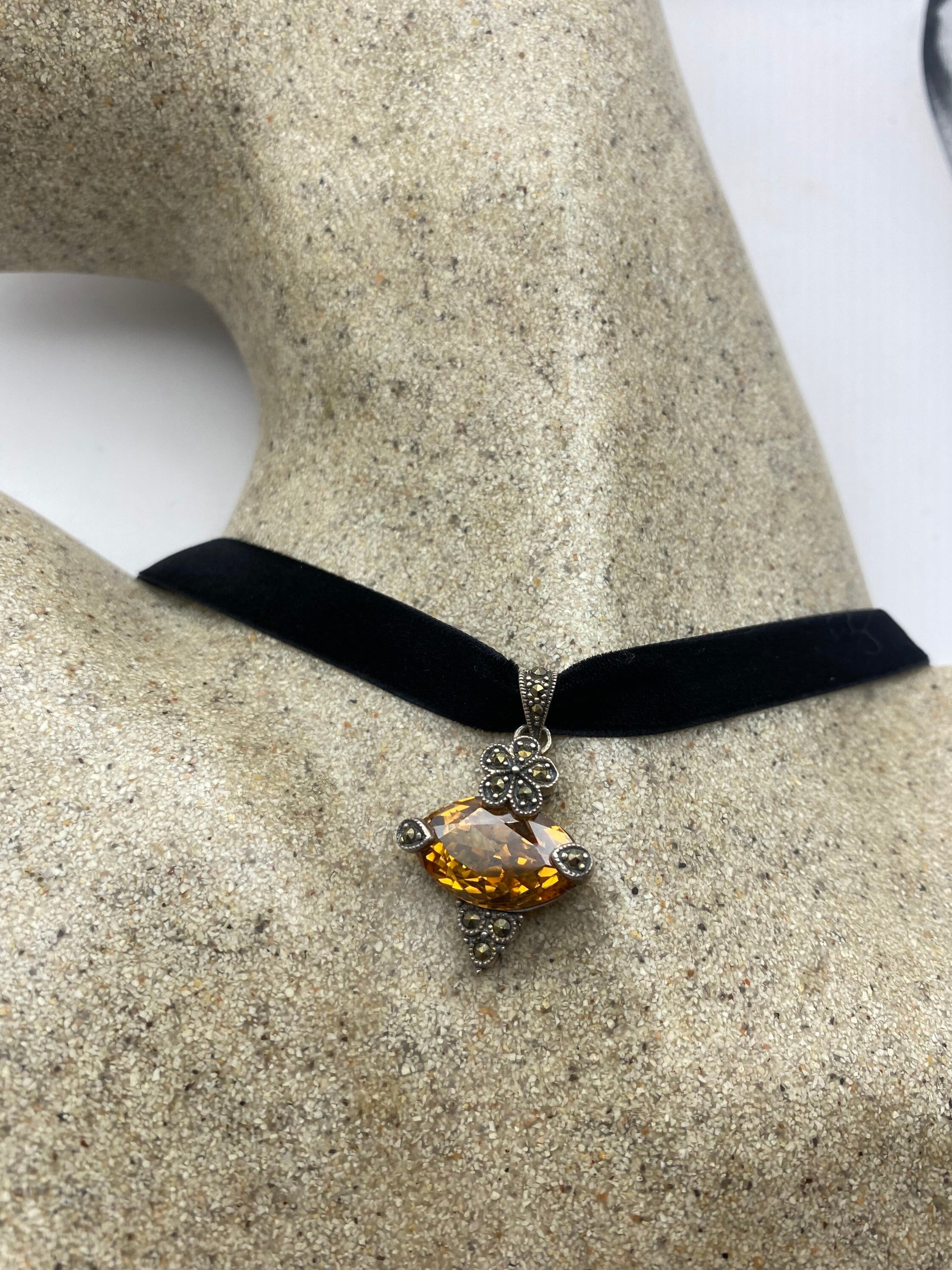 Vintage Amber Crystal Marcasite 925 Sterling Silver Pendant Necklace