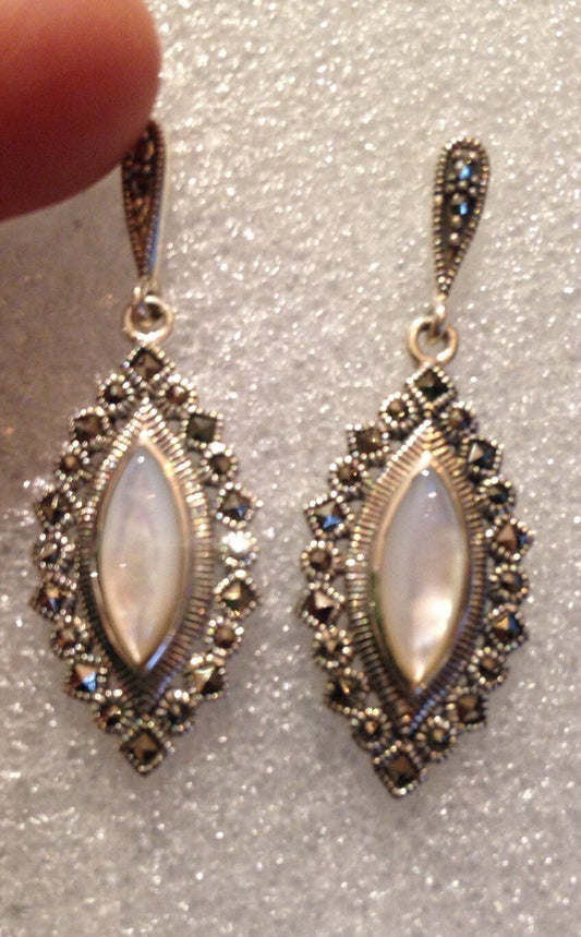 Vintage Genuine Marcasite Real Mother of Pearl 925 Sterling Silver dangle earrings