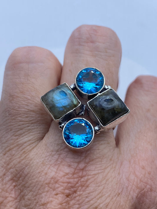 Vintage Rainbow Labradorite Blue Topaz Cocktail Ring