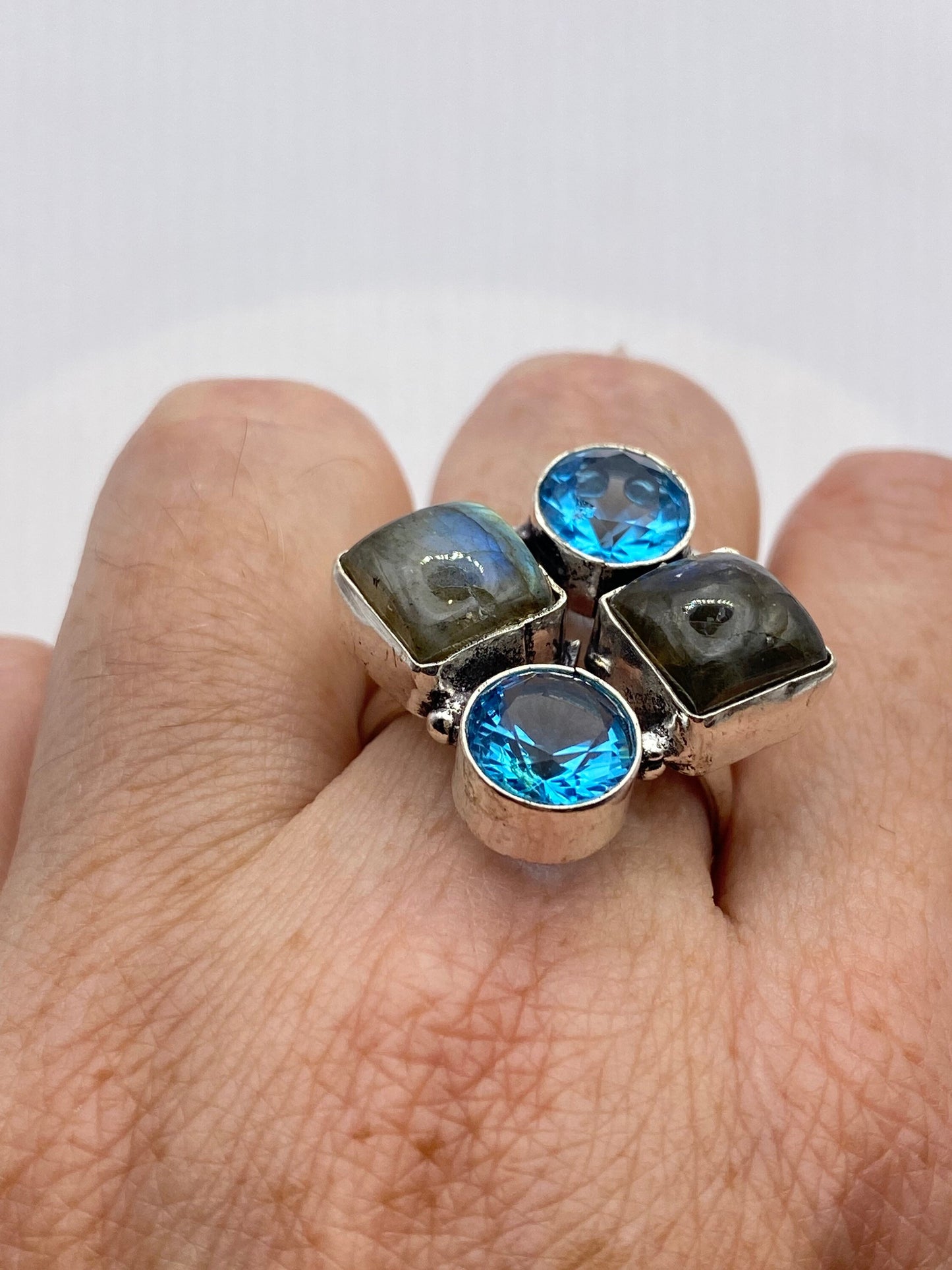 Vintage Rainbow Labradorite Blue Topaz Cocktail Ring