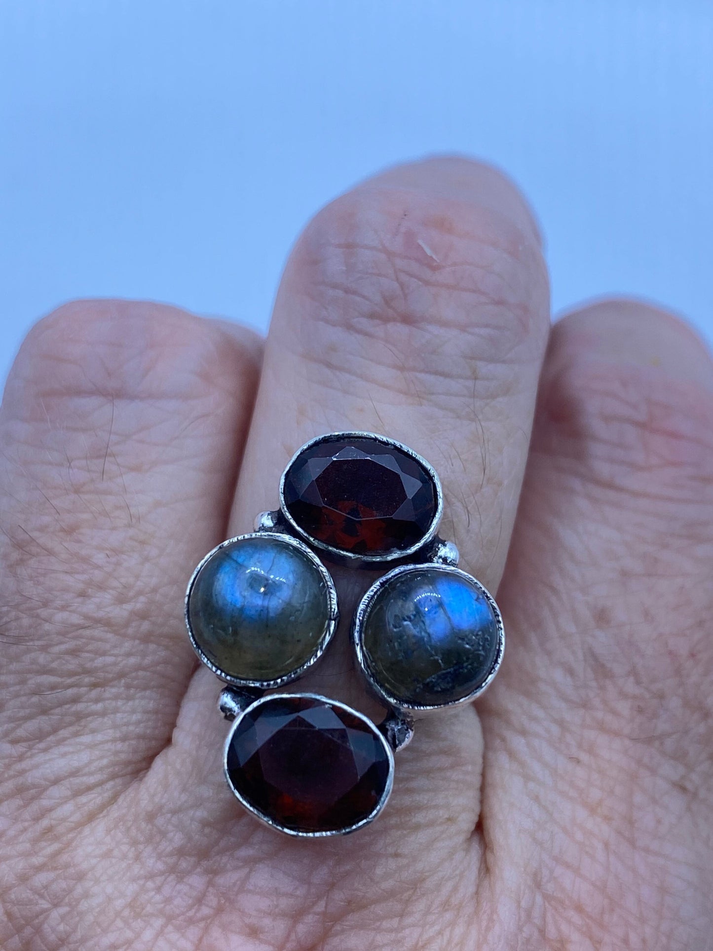 Vintage Rainbow Labradorite Red Garnet Cocktail Ring