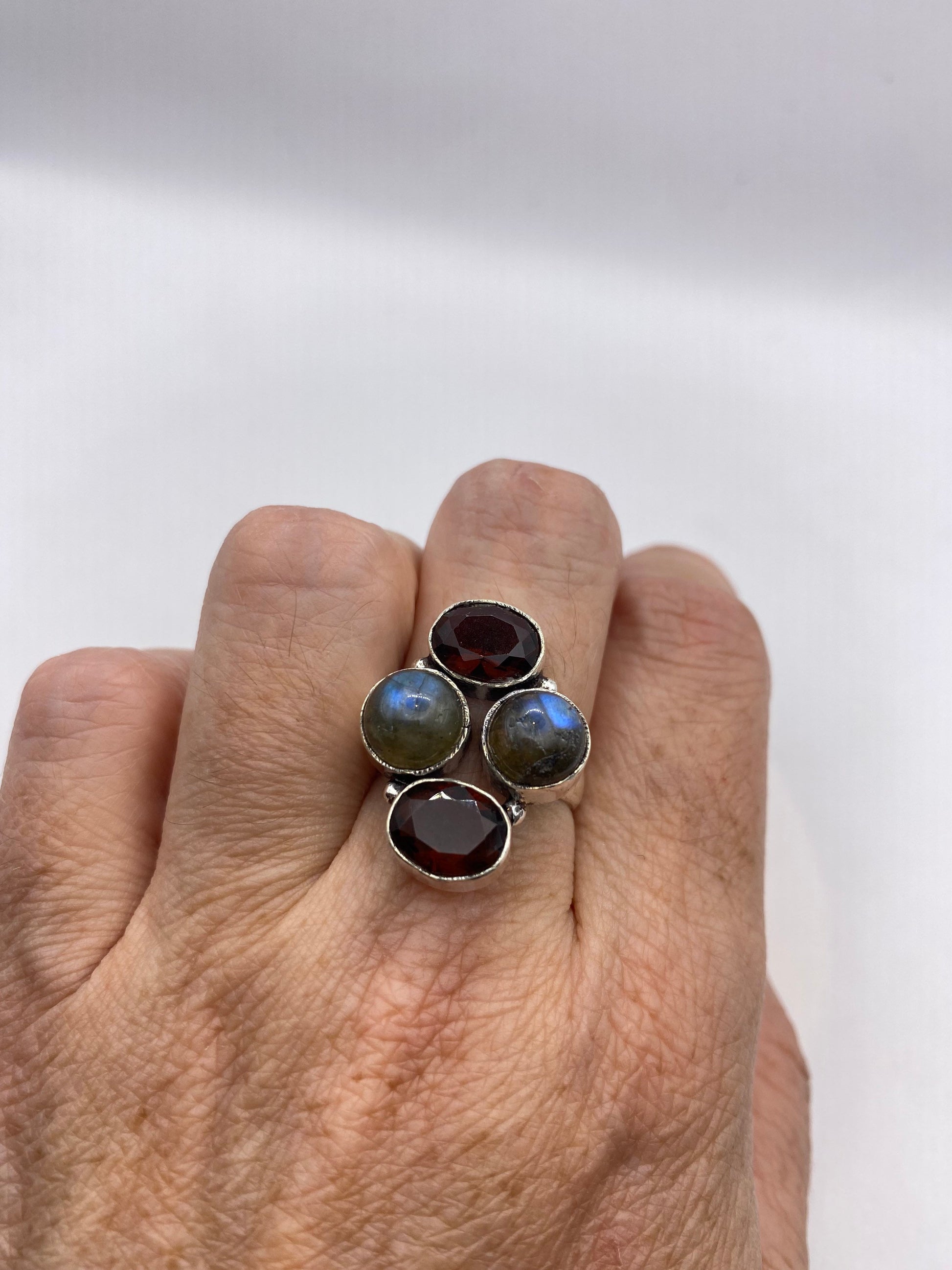 Vintage Rainbow Labradorite Red Garnet Cocktail Ring