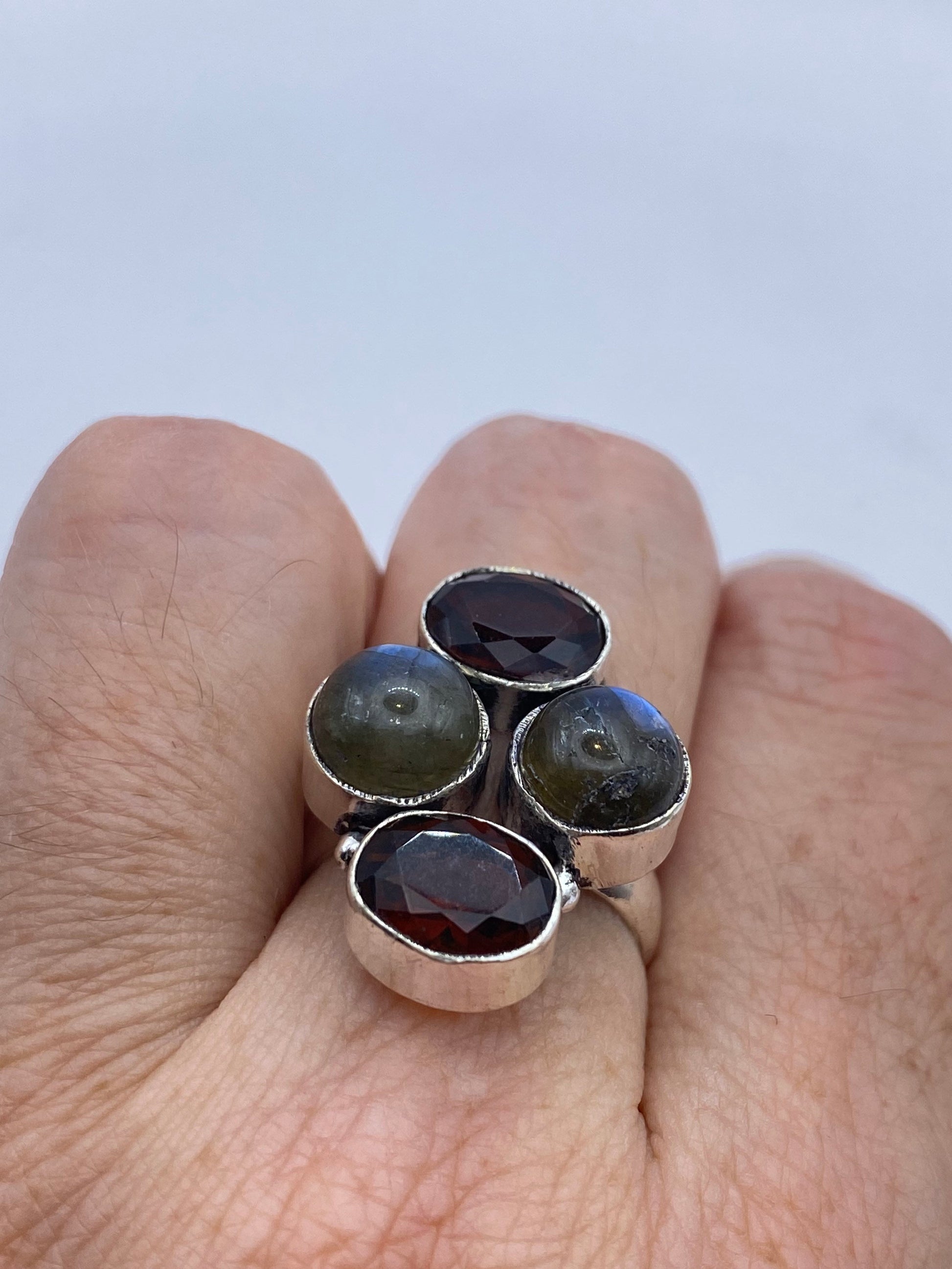 Vintage Rainbow Labradorite Red Garnet Cocktail Ring