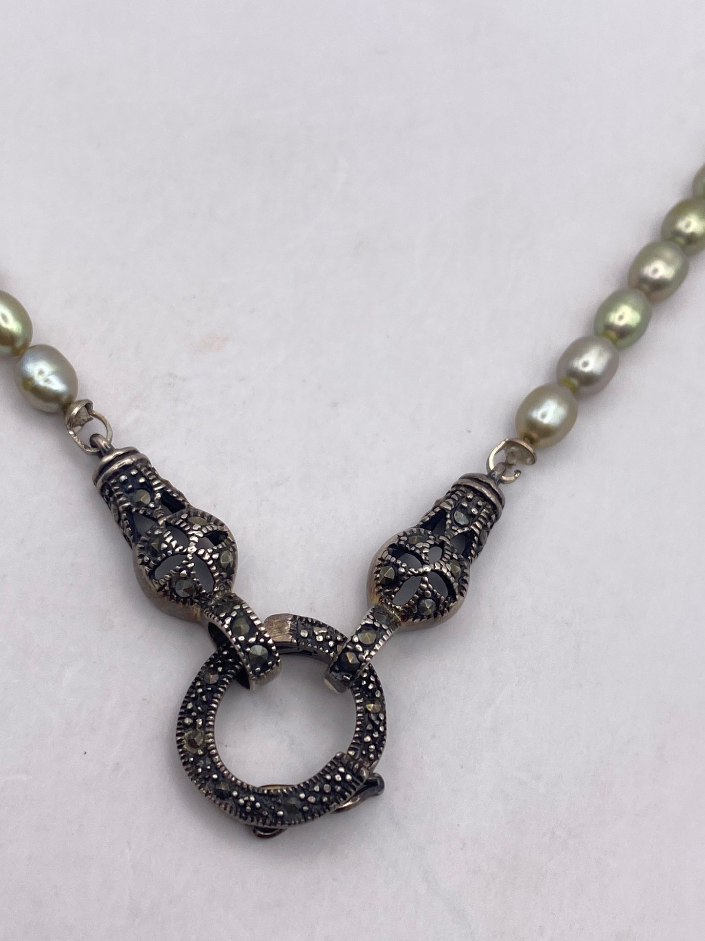 Vintage Real Marcasite and Genuine Pearl 925 Sterling Silver Toggle Pendant Necklace