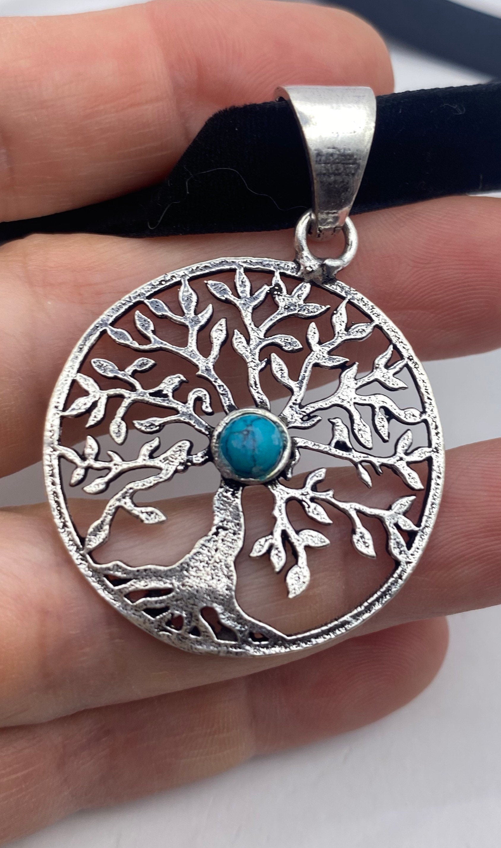 Vintage Tibetan Blue Turquoise Tree of Life Pendant Necklace