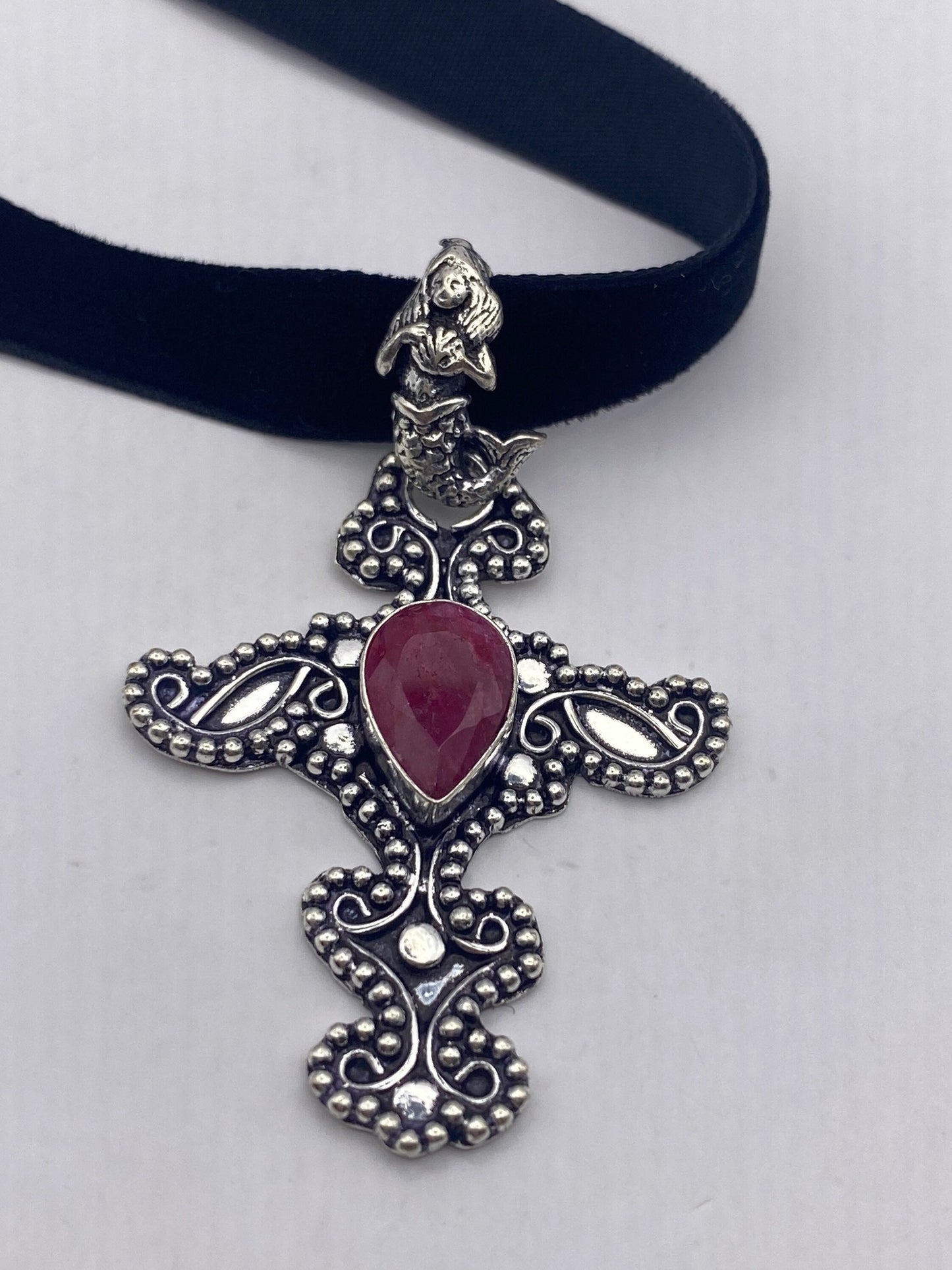 Vintage Raw Ruby Cross Choker White Bronze Pendant Necklace