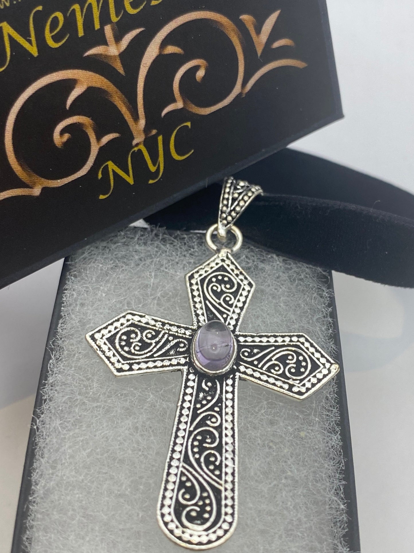 Vintage Purple Amethyst Bronze Silver Cross Pendant