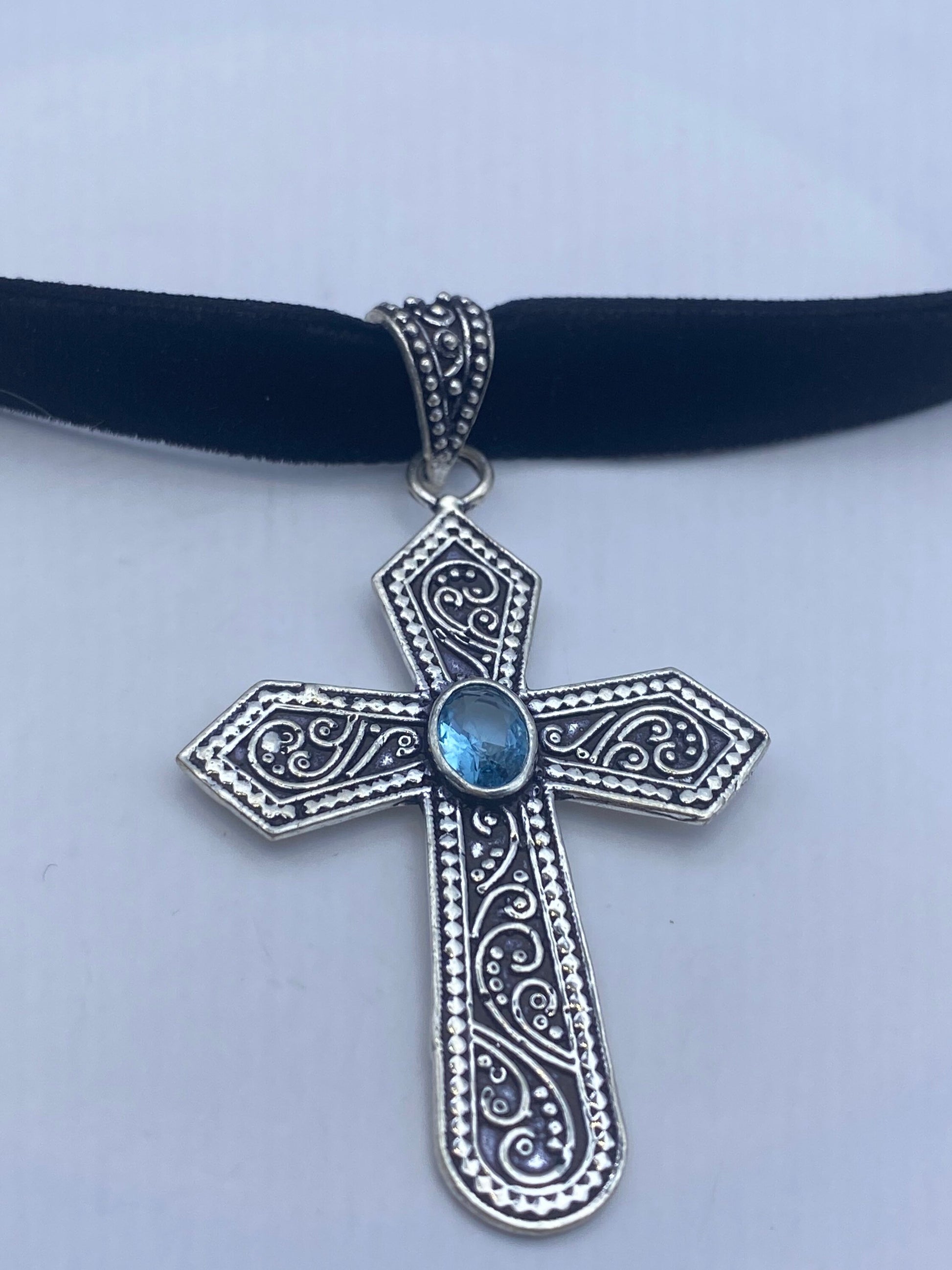 Vintage Blue Topaz Bronze Silver Cross Pendant