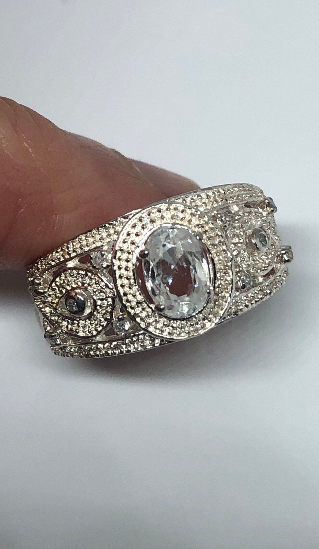 Vintage Clear White Sapphire 925 Sterling Silver Cocktail Ring