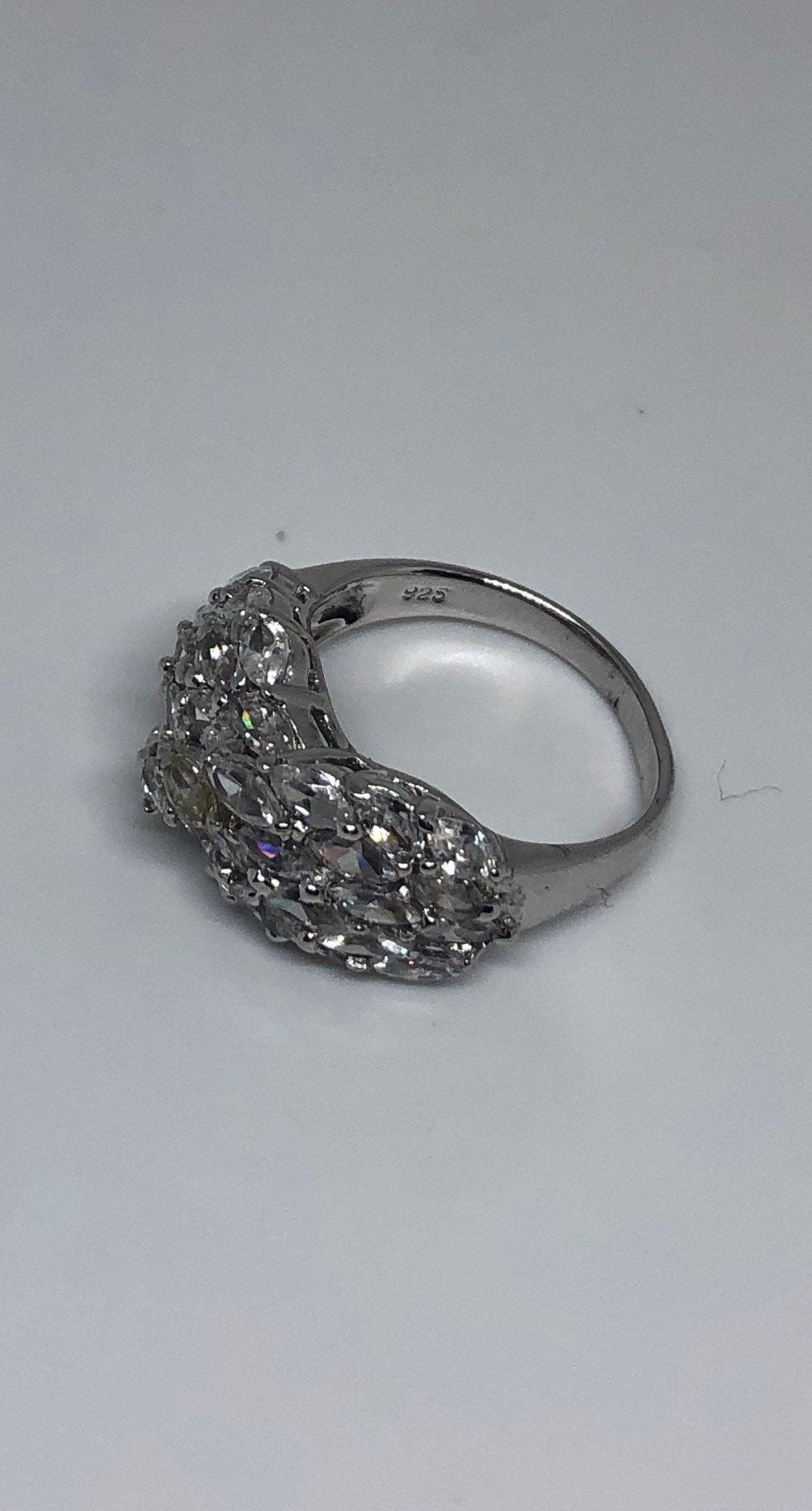 Vintage Clear White Sapphire 925 Sterling Silver Cocktail Ring Size 6