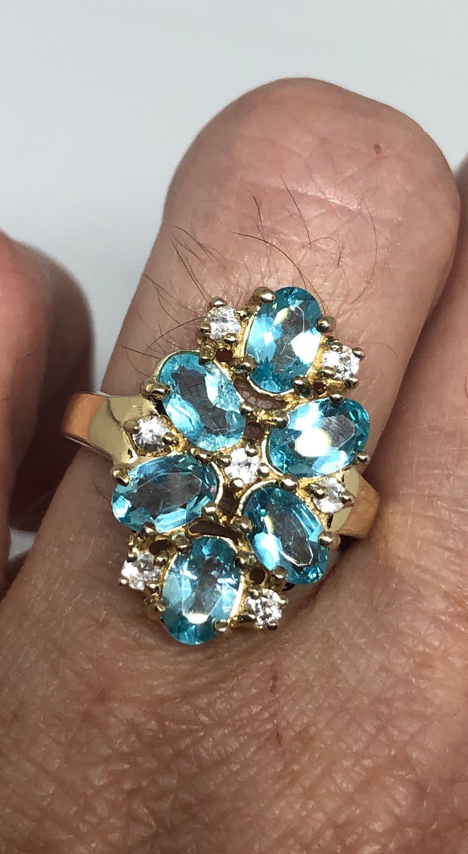 Vintage Genuine Blue Topaz Gold 925 Sterling Silver Ring Size 6