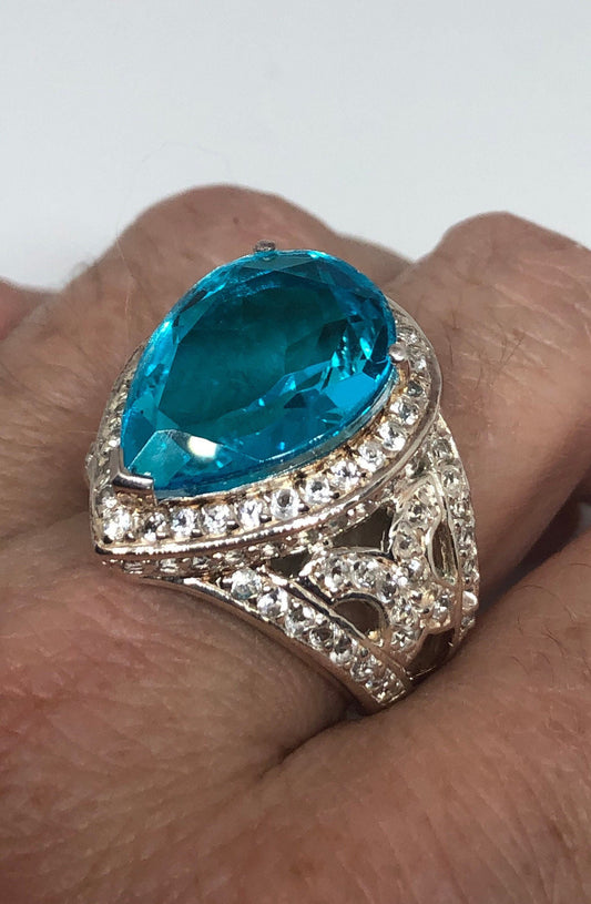 Vintage Blue Flourite 925 Sterling Silver Ring Size 8