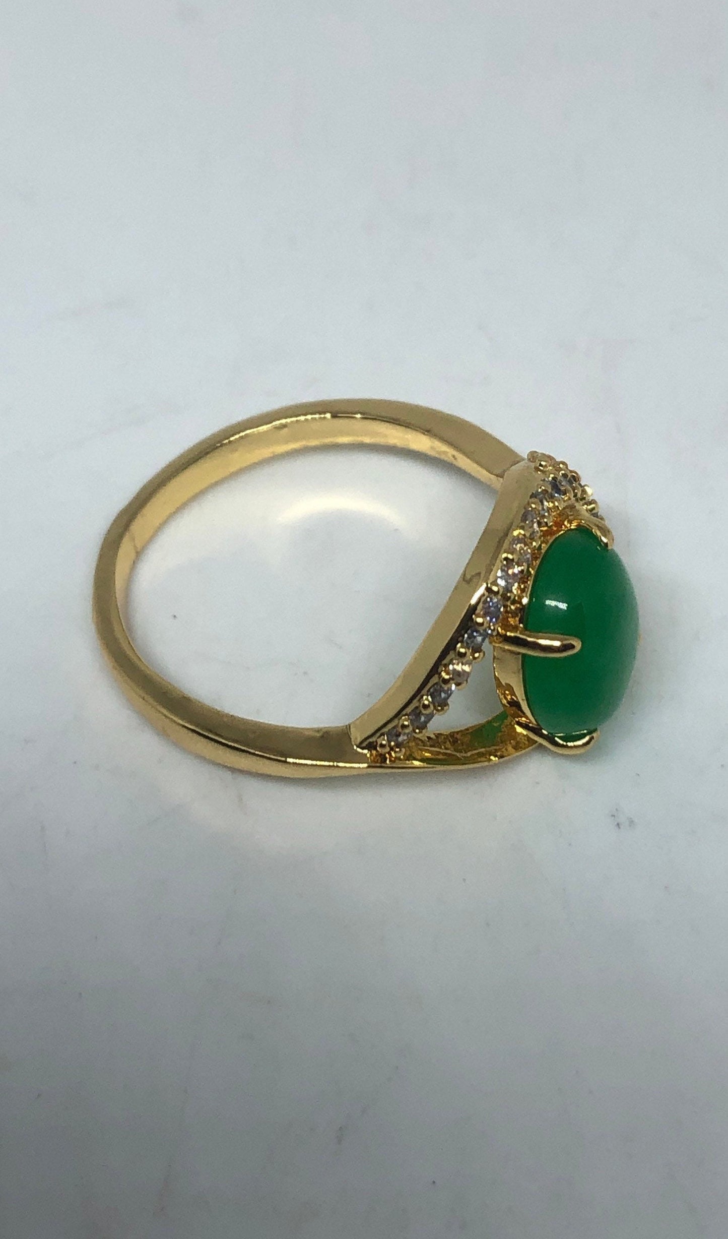 Vintage Lucky Green Nephrite Jade Gold Filled Cocktail Ring