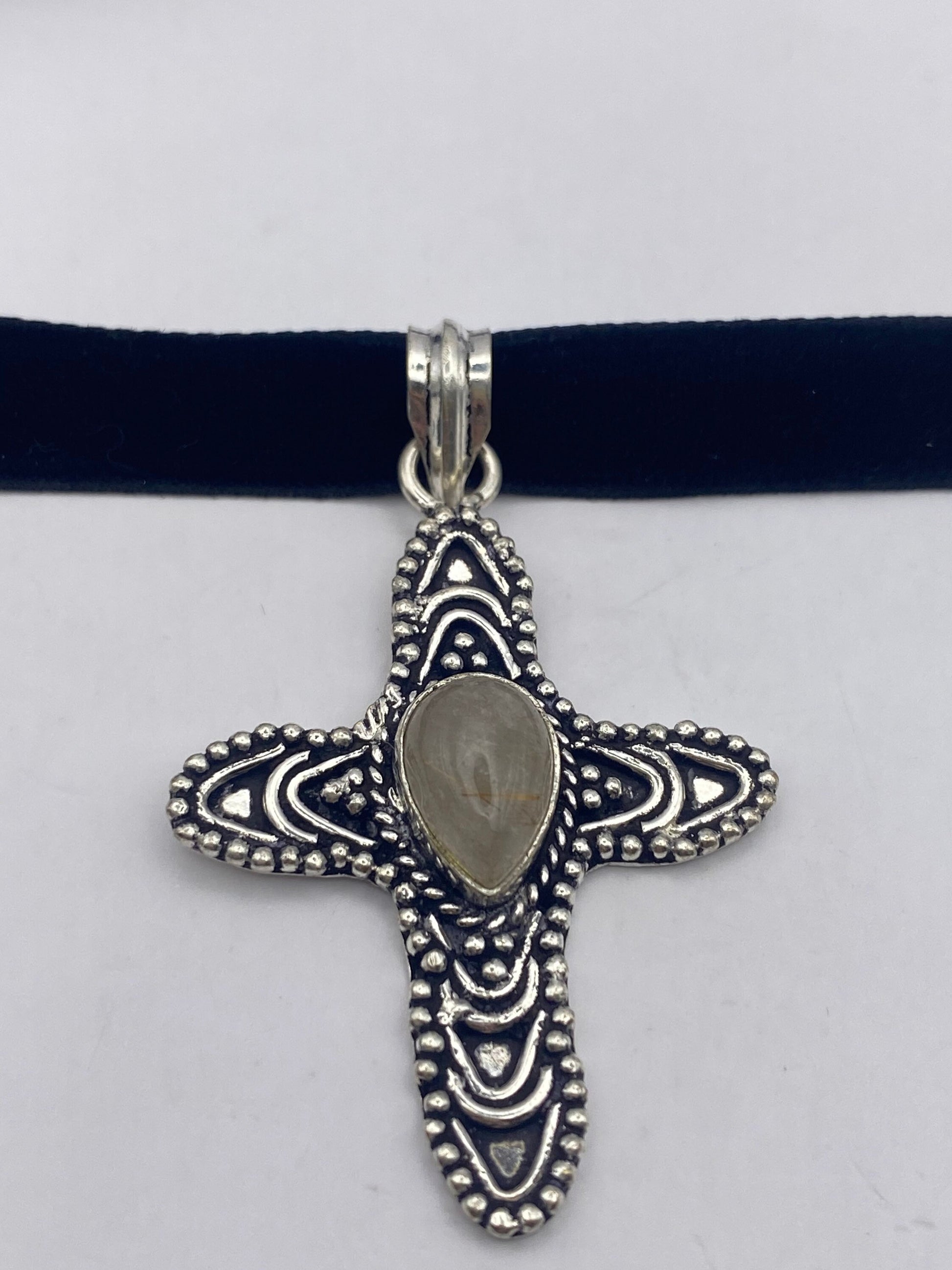 Vintage Rutile Quartz Bronze Silver Cross Pendant