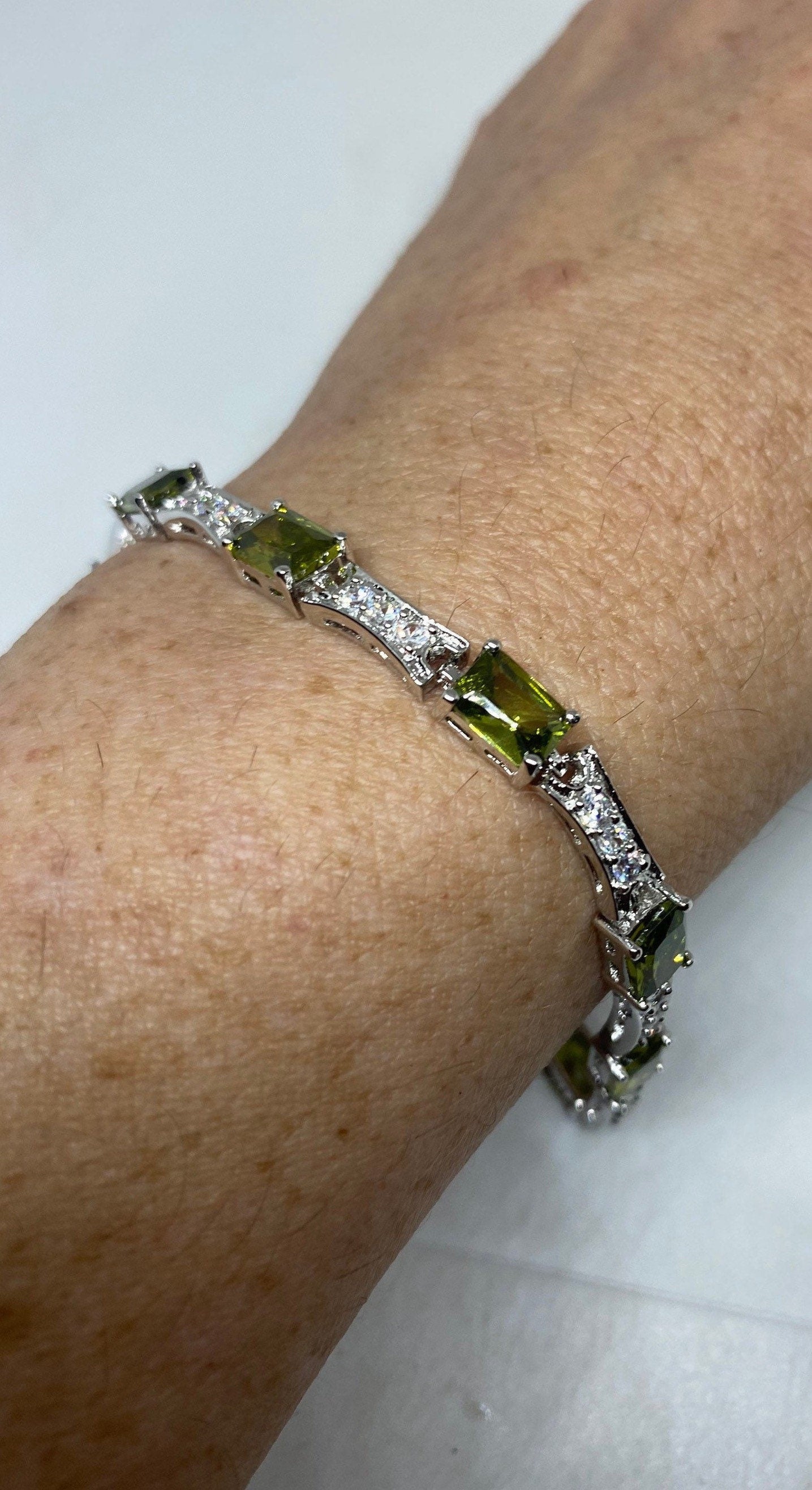 Vintage Peridot Cubic Zirconia 925 Sterling Silver Tennis Bracelet