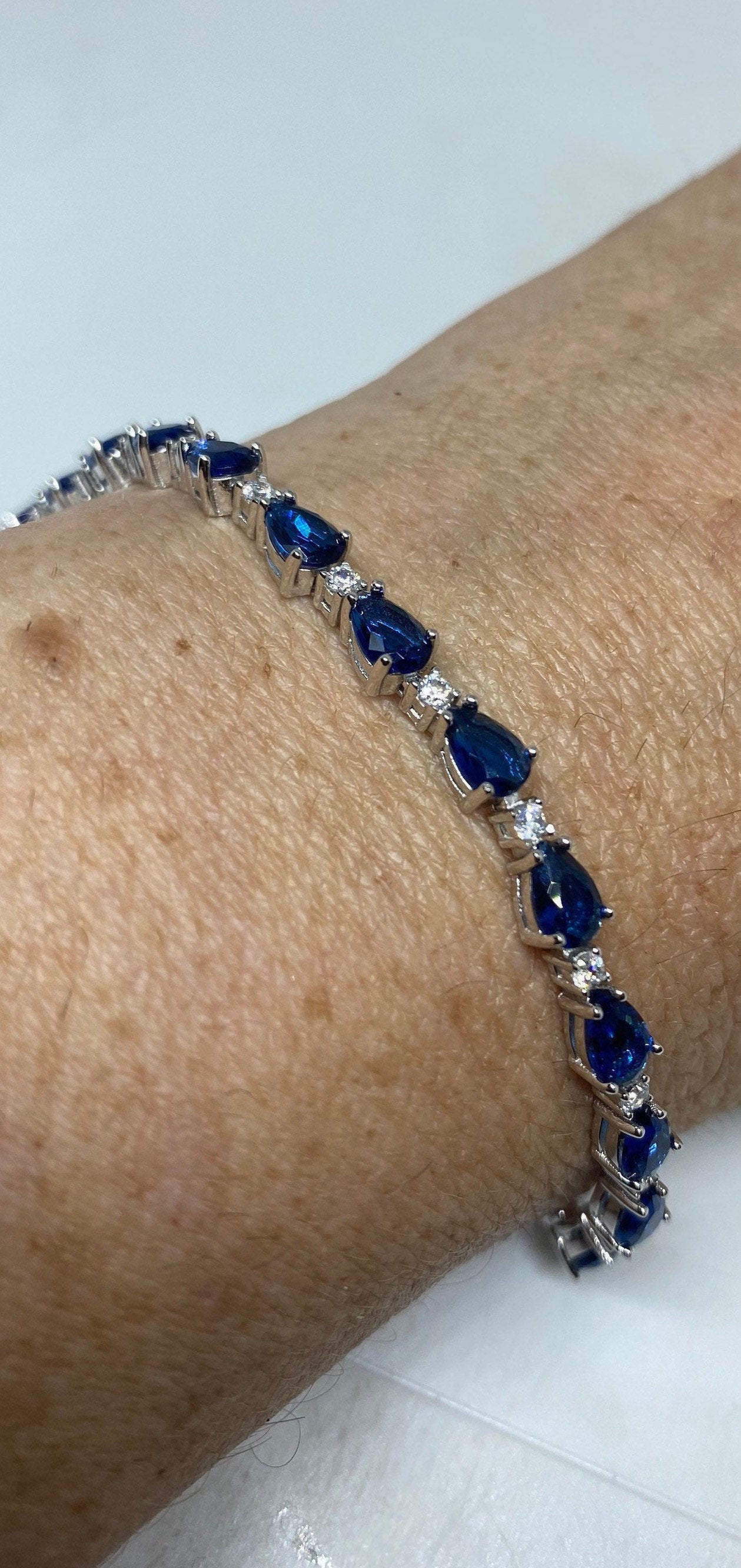 Vintage Blue Crystal Cubic Zirconia Bracelet Sterling Silver Tennis