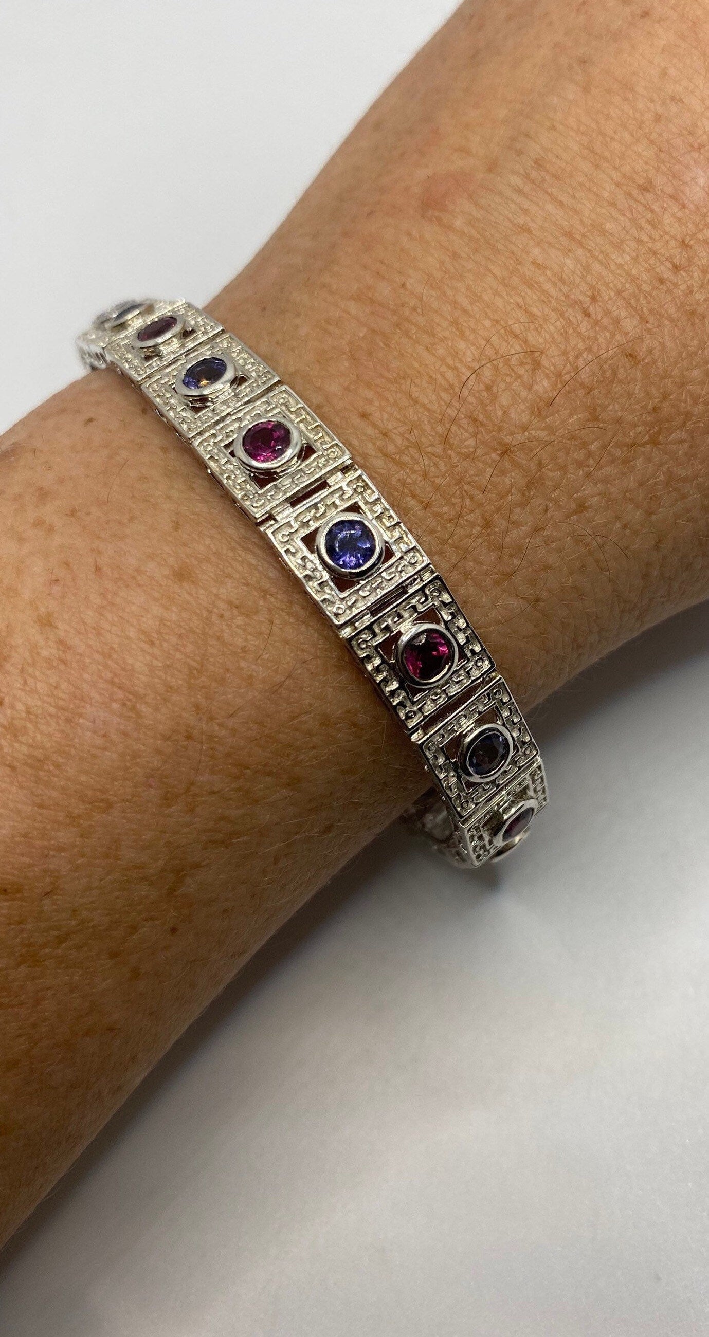 Vintage Blue Iolite Red Tourmaline 925 Sterling Silver Tennis Bracelet