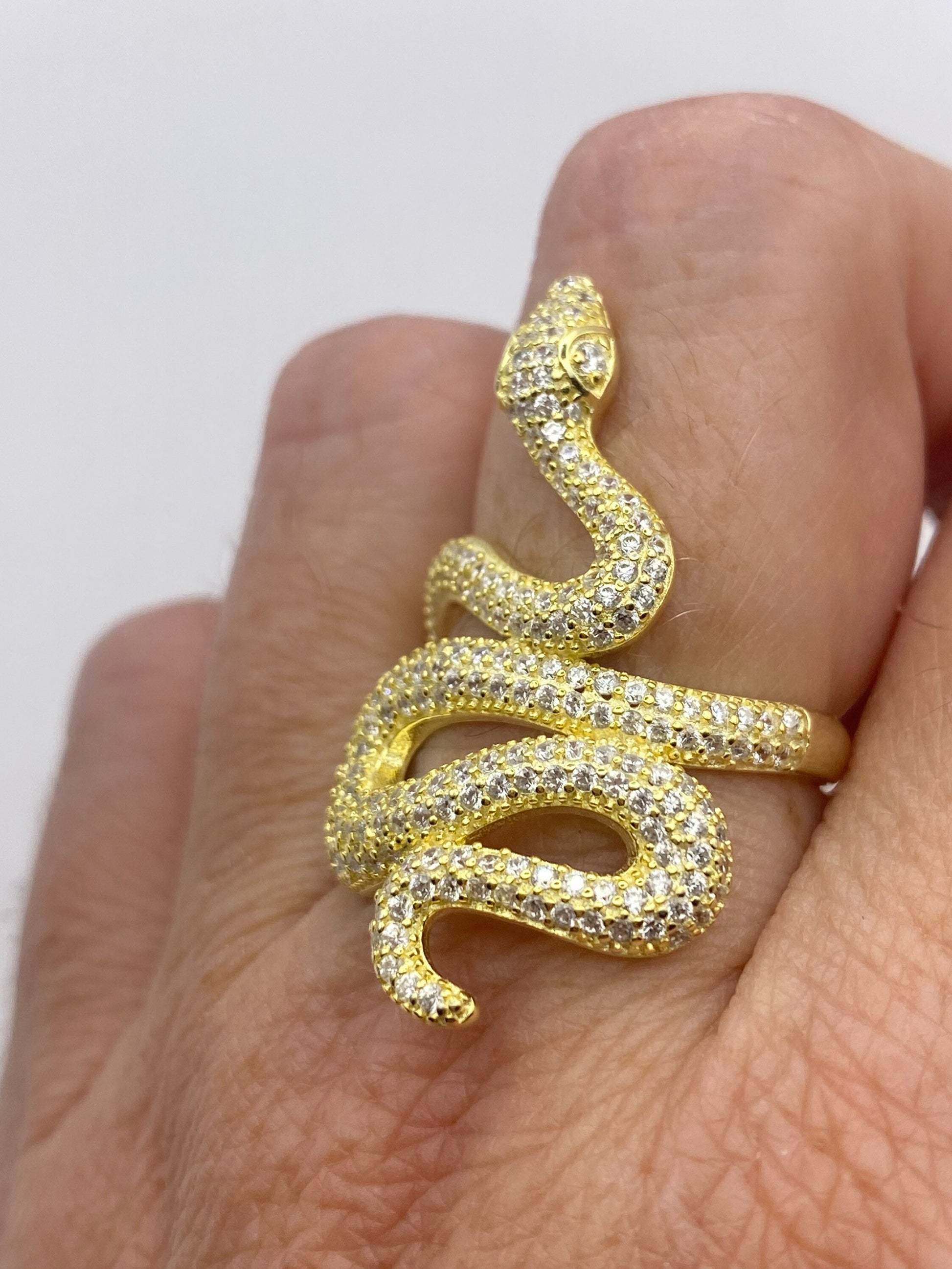 Vintage Snake Ring Golden 925 Sterling Silver Crystal Adjustable