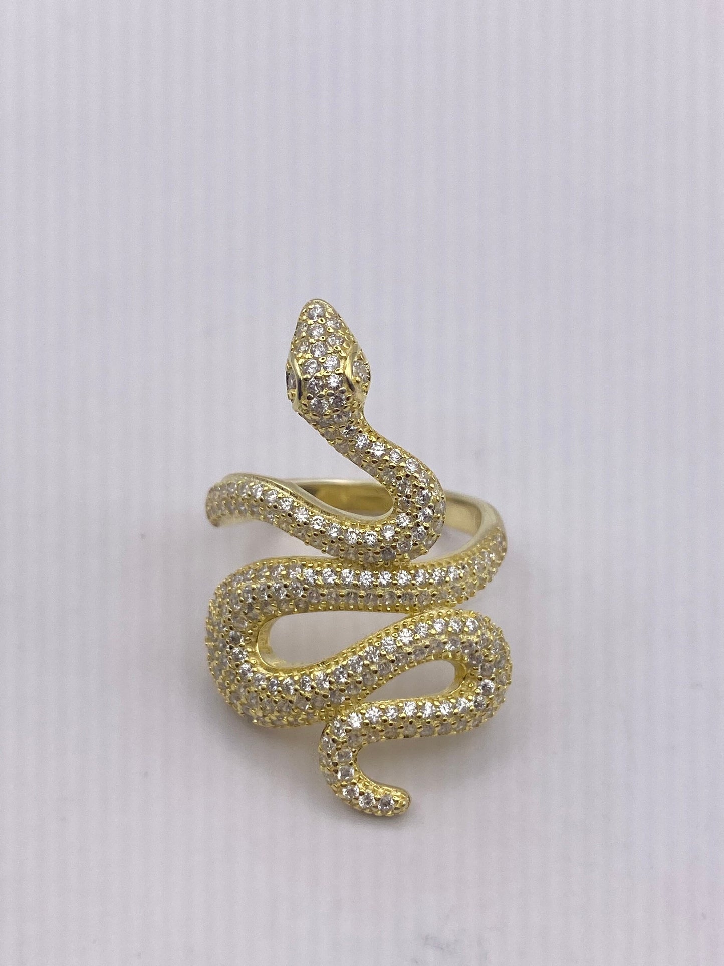 Vintage Snake Ring Golden 925 Sterling Silver Crystal Adjustable