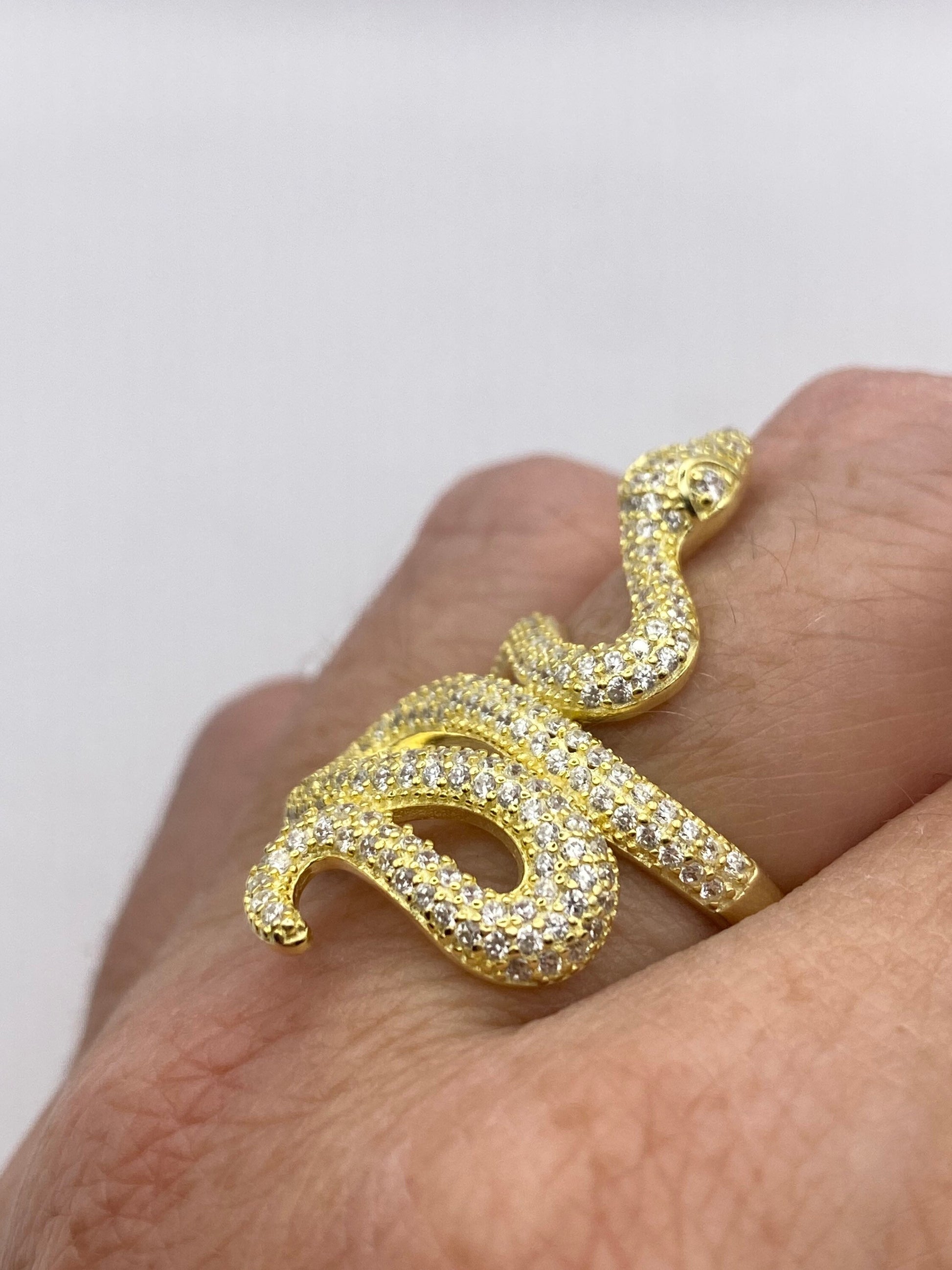 Vintage Snake Ring Golden 925 Sterling Silver Crystal Adjustable