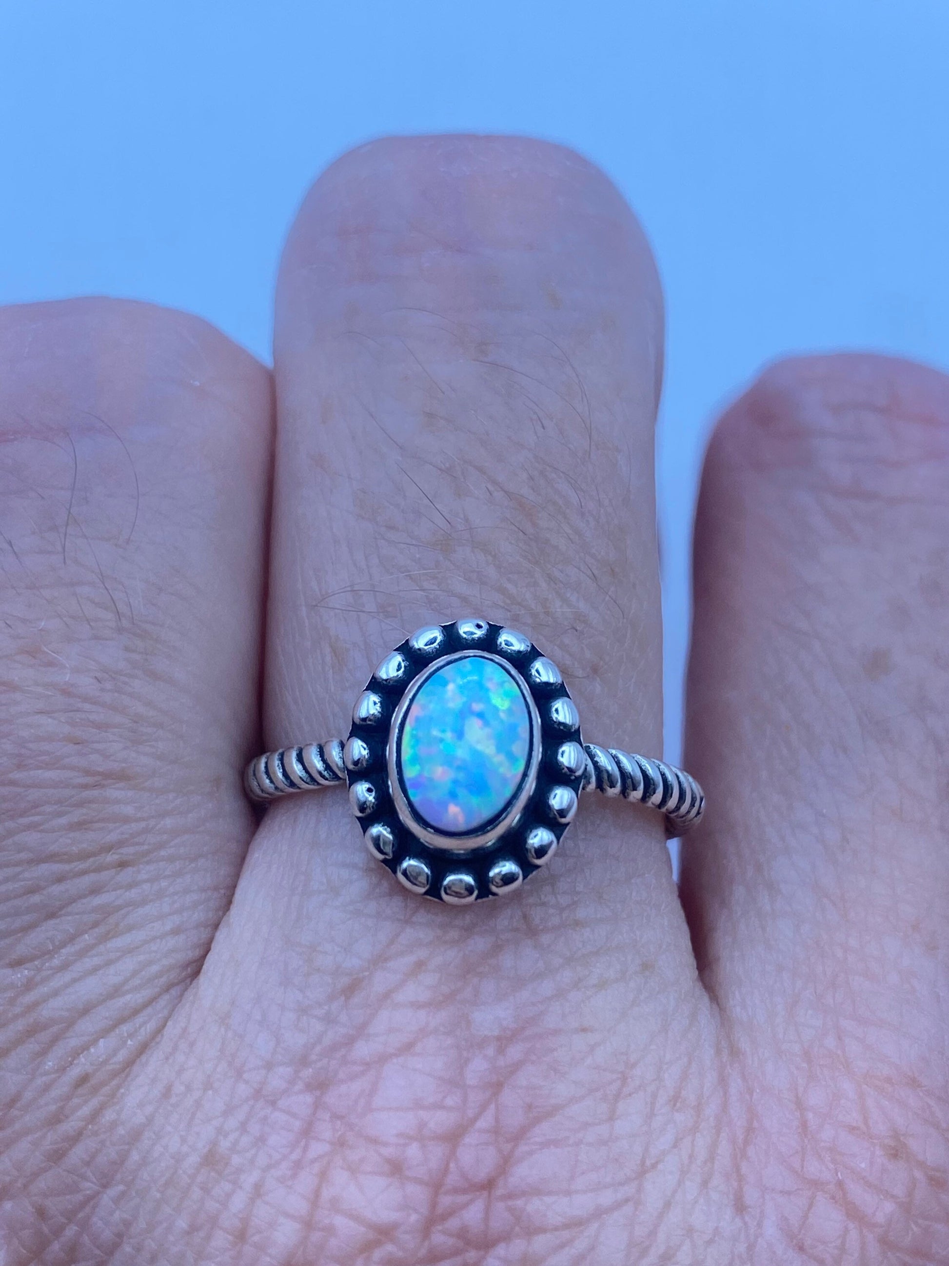 Vintage Blue Fire Opal 925 Sterling Silver Inlay Ring