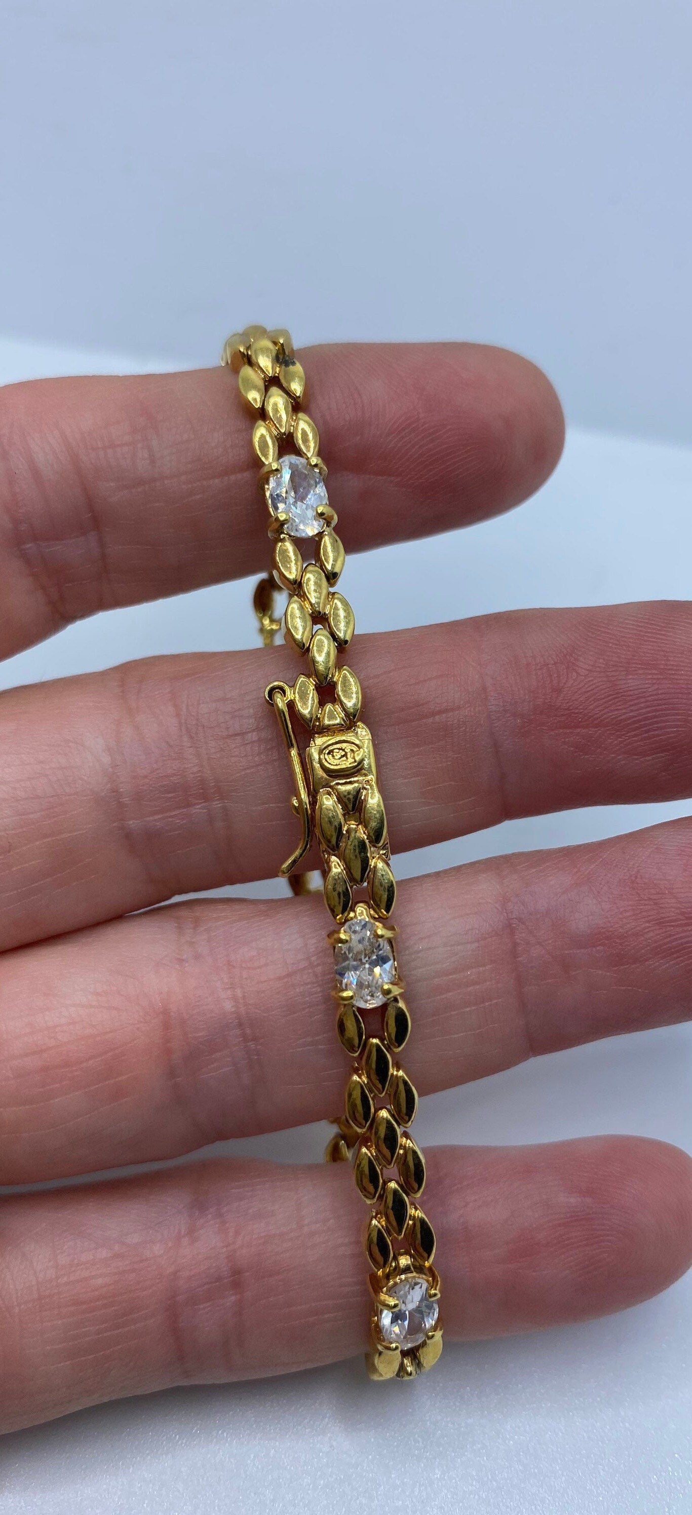 Vintage White Sapphires Gold Finished Deco 925 Sterling Silver Tennis Bracelet