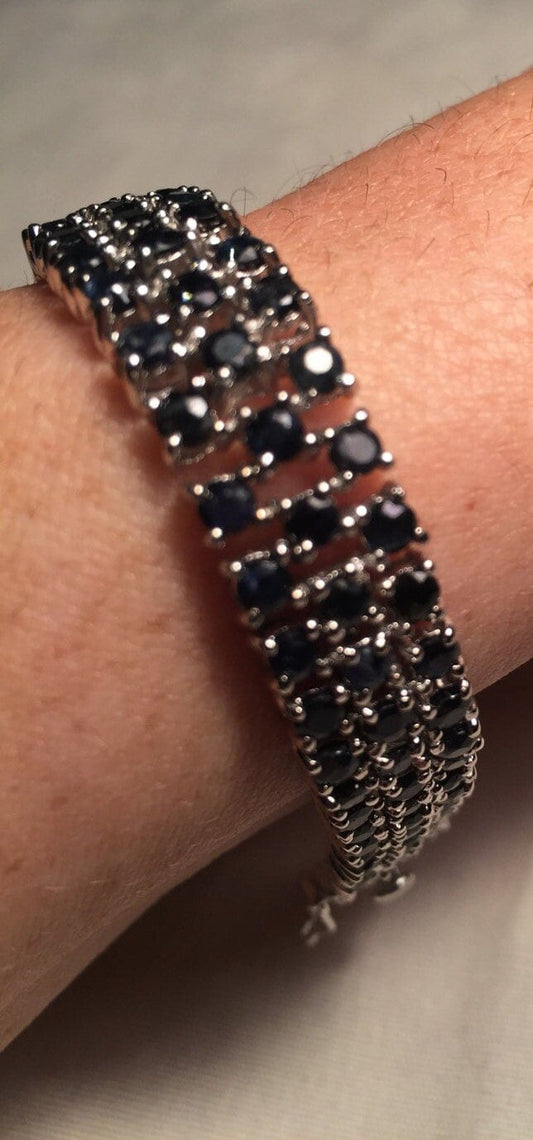 Vintage Blue Black Sapphires 925 Sterling Silver Statement Bracelet