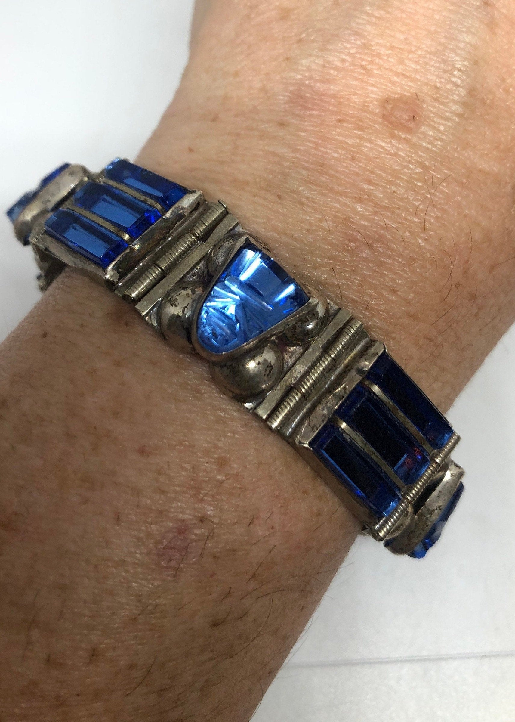 Vintage Blue Glass Mexican 925 Sterling Silver cutwork Bracelet