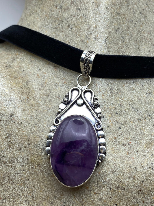 Vintage Purple Amethyst Choker Bohemian Cabochon Droplet Necklace