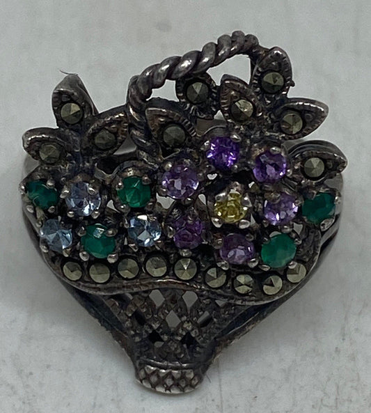 Vintage Swiss Marcasite 925 Sterling Silver Flower Basket Ring Size 8.25