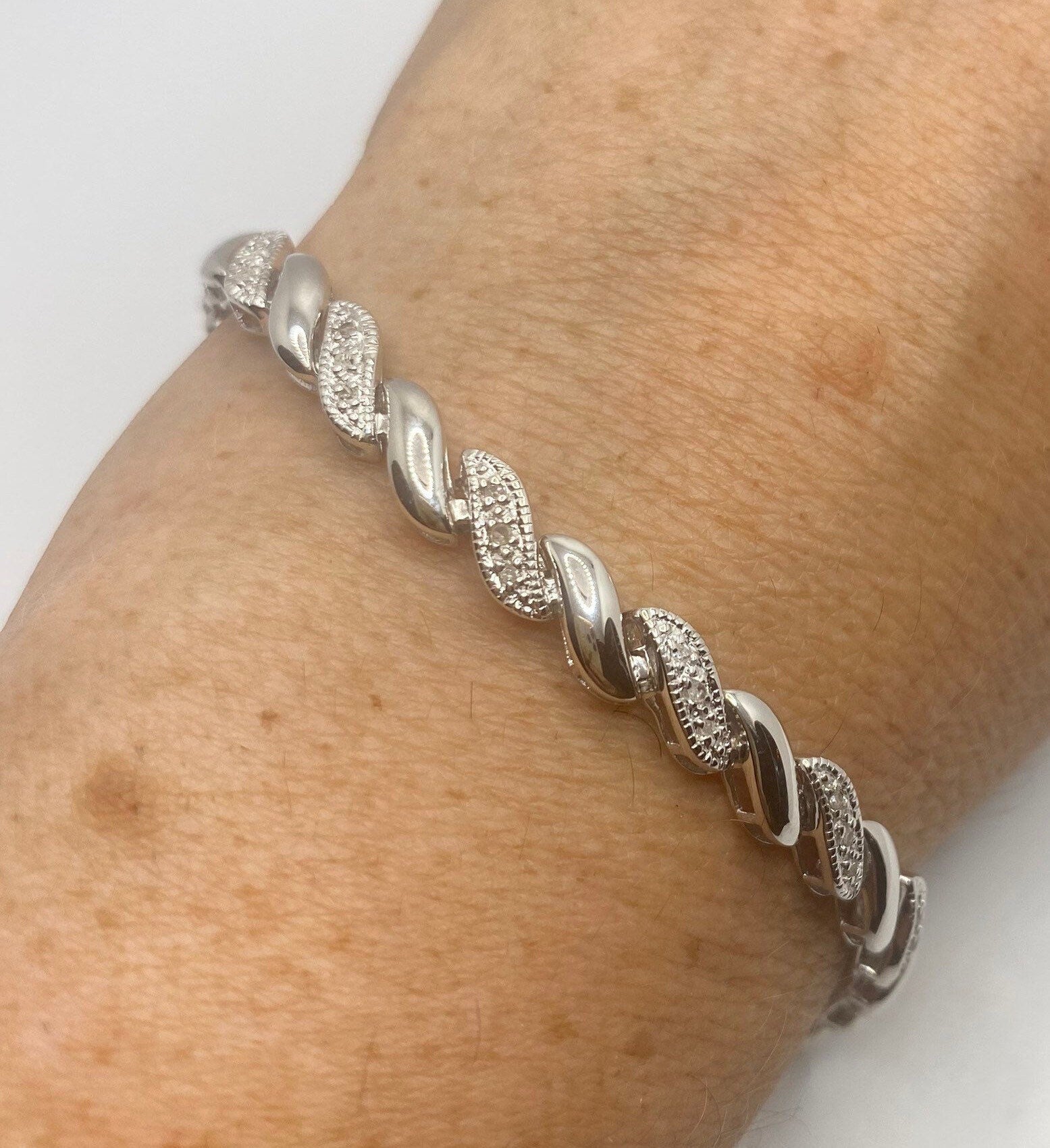 Deco Diamond Tennis Bracelet in 925 Sterling Silver 8 Inch Vintage