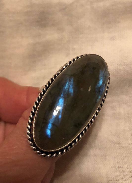 Vintage Large Blue Green Labradorite Stone Silver Ring