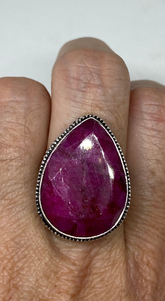 Vintage Raw Pink Ruby Deco Silver Cocktail Ring