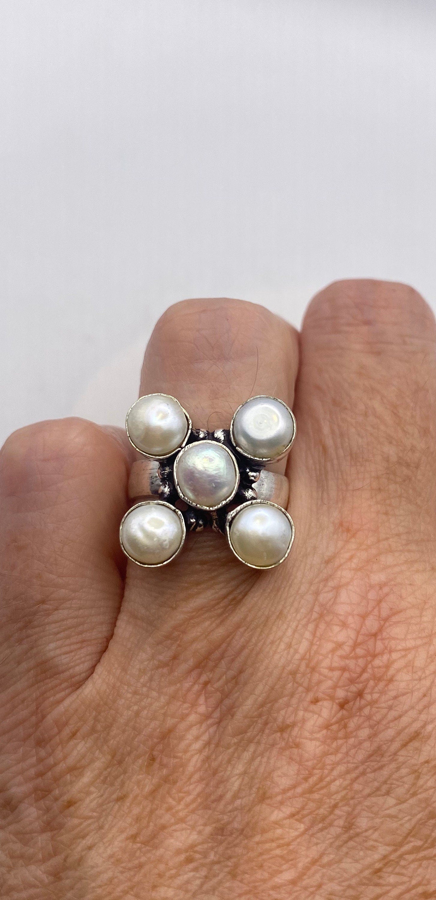 Vintage White Genuine Pearl Silver Cocktail Ring