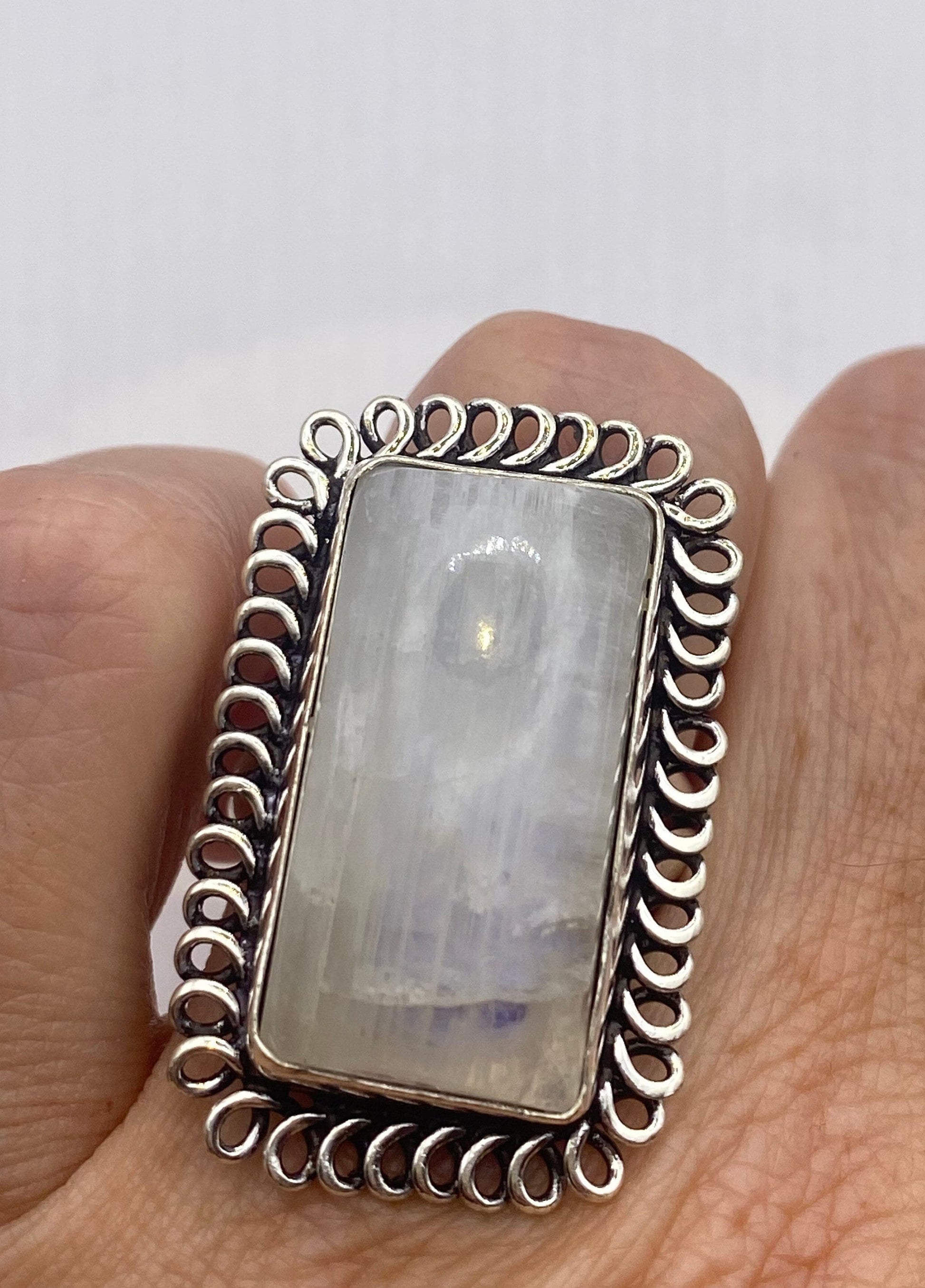 Vintage Large Blue White Rainbow Moonstone Stone Silver Ring