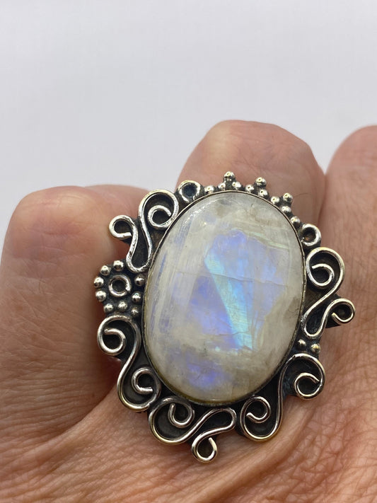 Vintage Large Blue White Rainbow Moonstone Stone Silver Ring