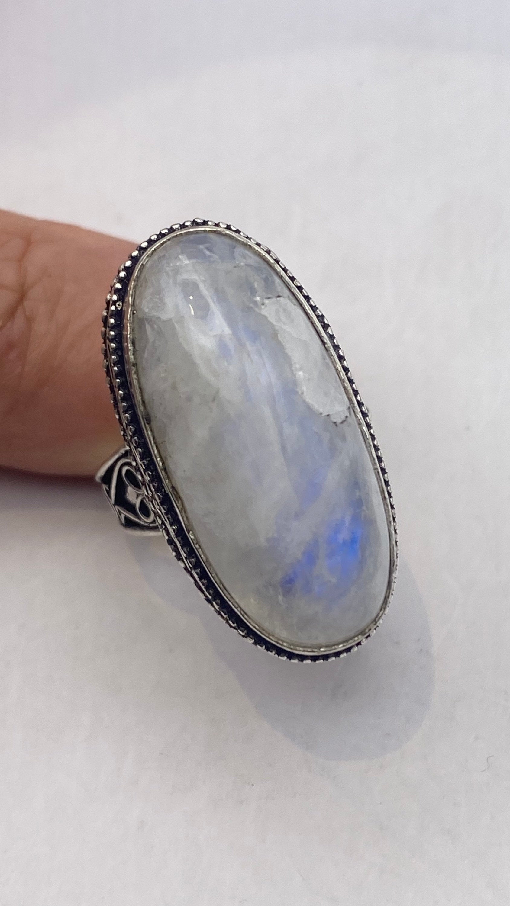 Vintage Large Blue White Rainbow Moonstone Stone Silver Ring