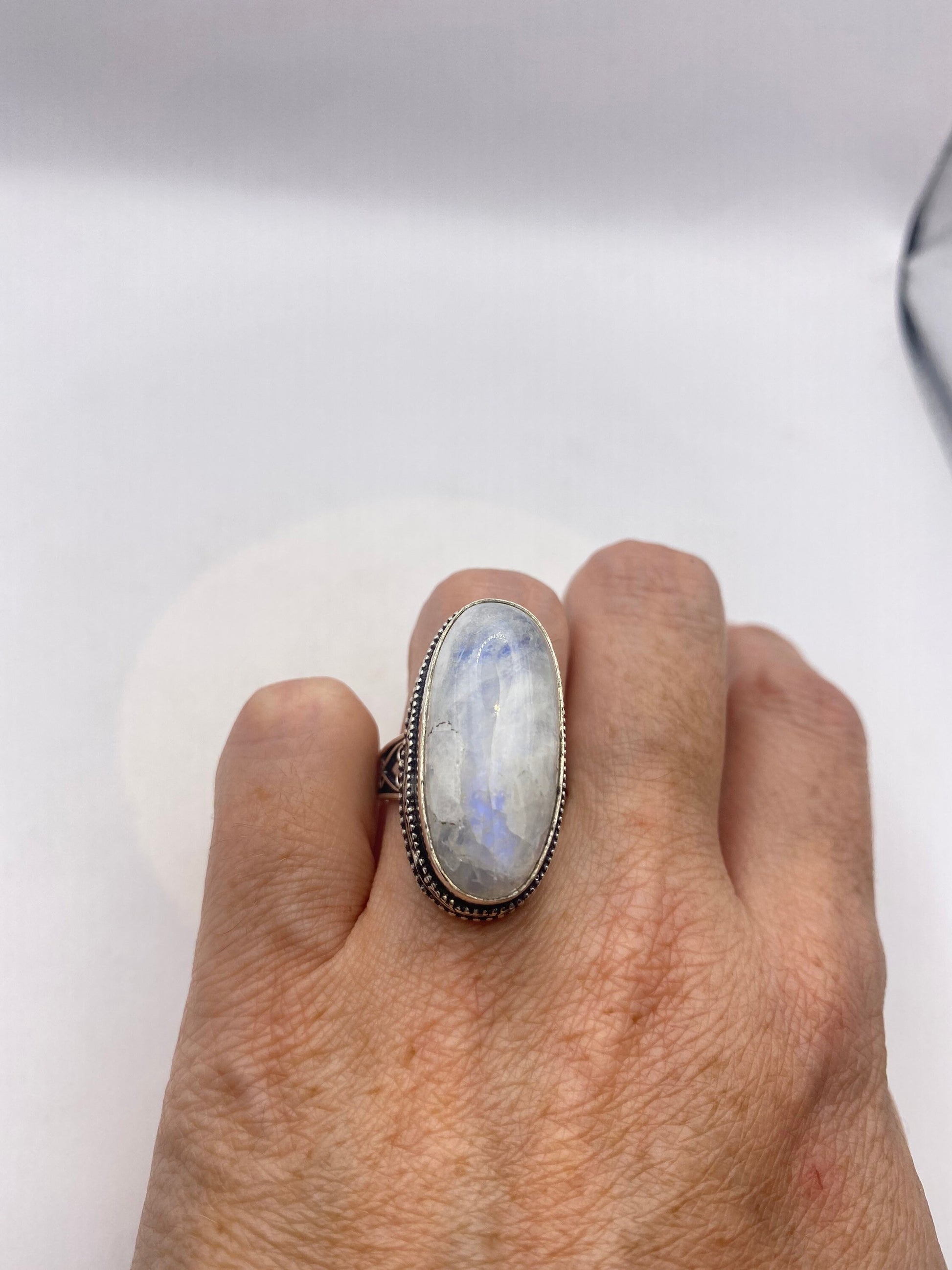 Vintage Large Blue White Rainbow Moonstone Stone Silver Ring