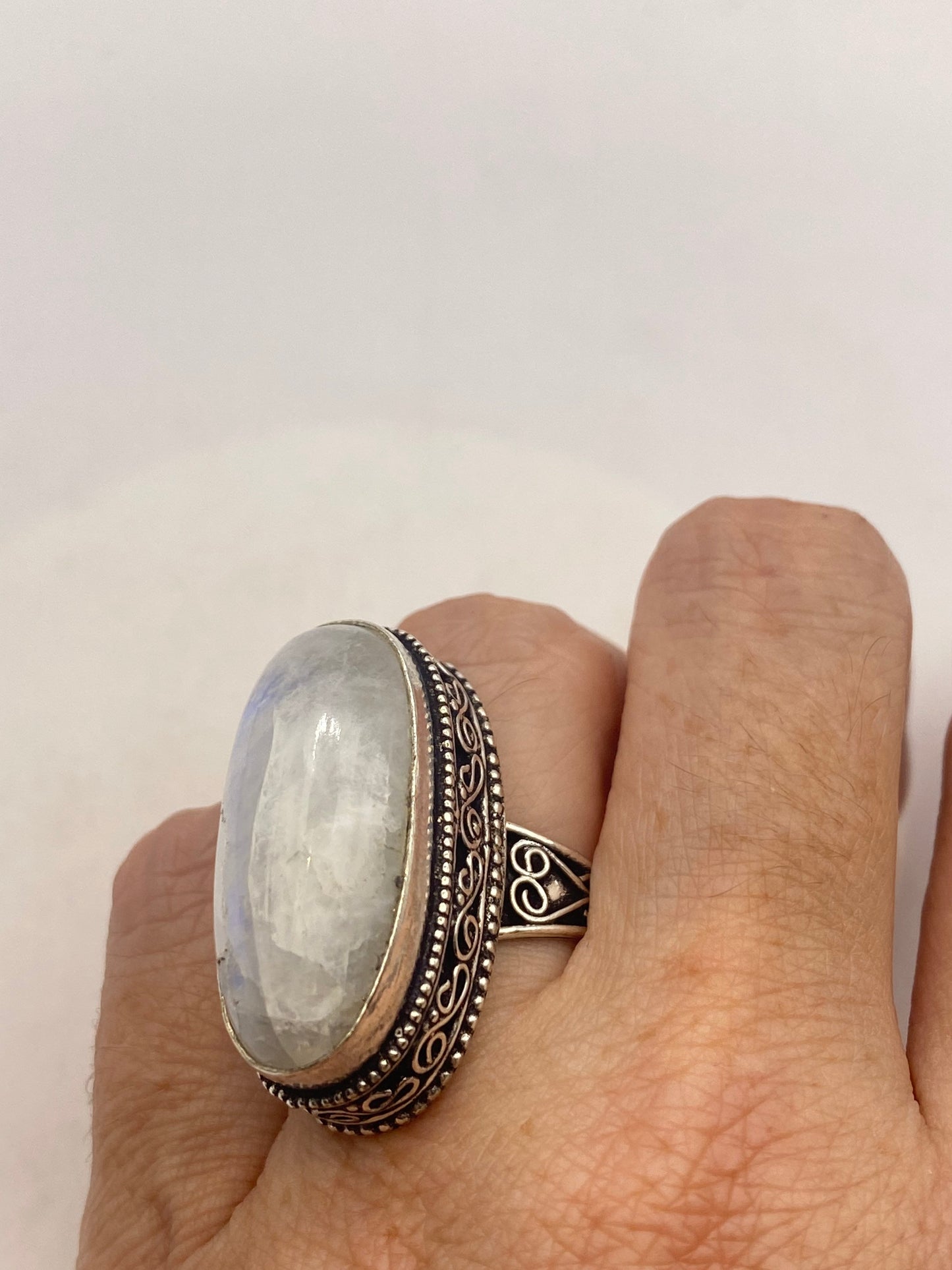 Vintage Large Blue White Rainbow Moonstone Stone Silver Ring