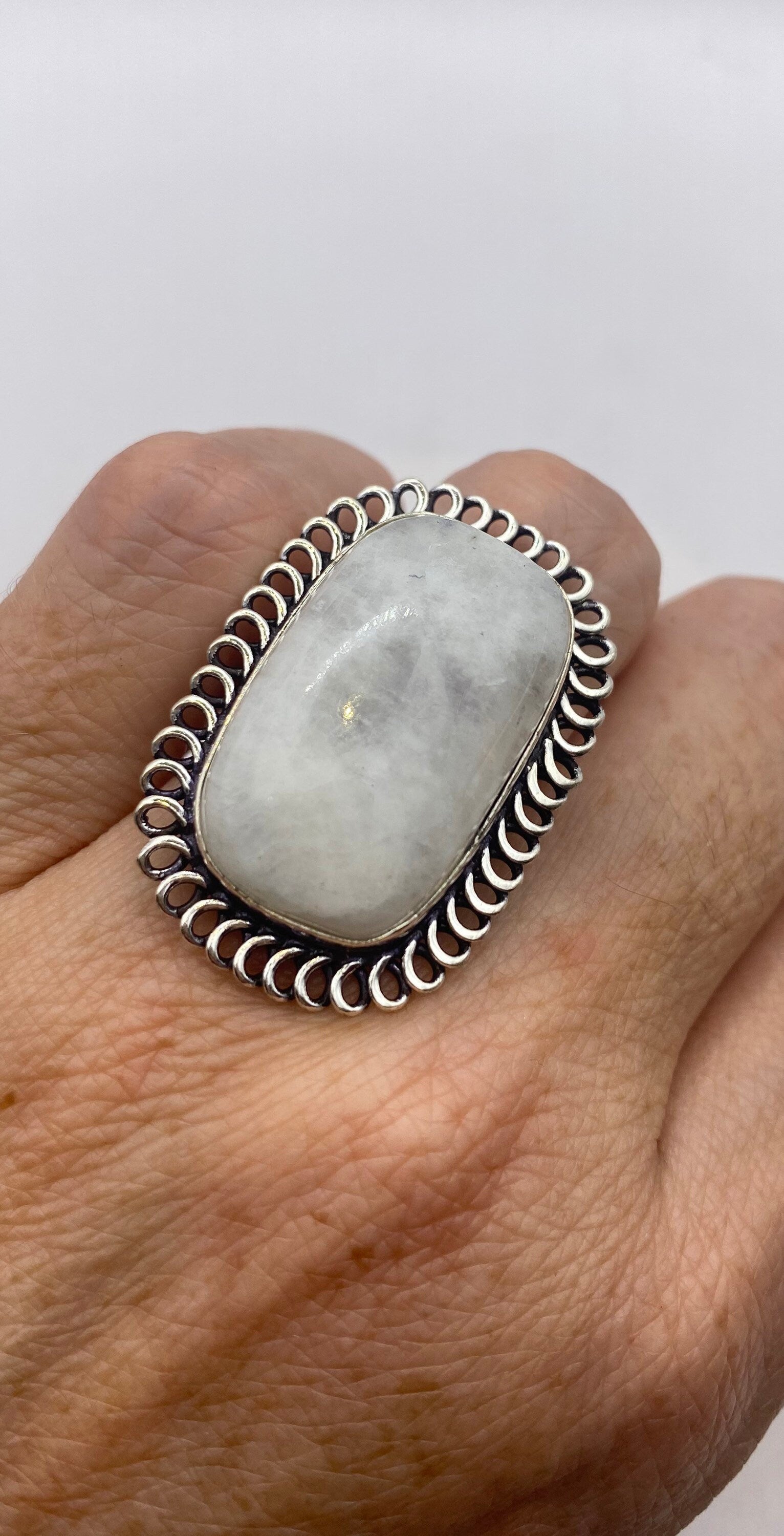 Vintage Large Blue White Rainbow Moonstone Stone Silver Ring