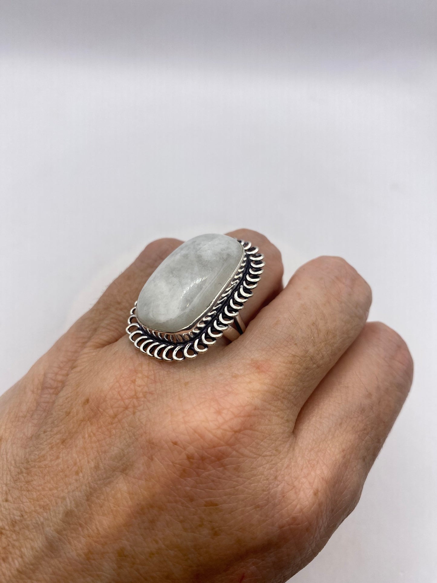 Vintage Large Blue White Rainbow Moonstone Stone Silver Ring