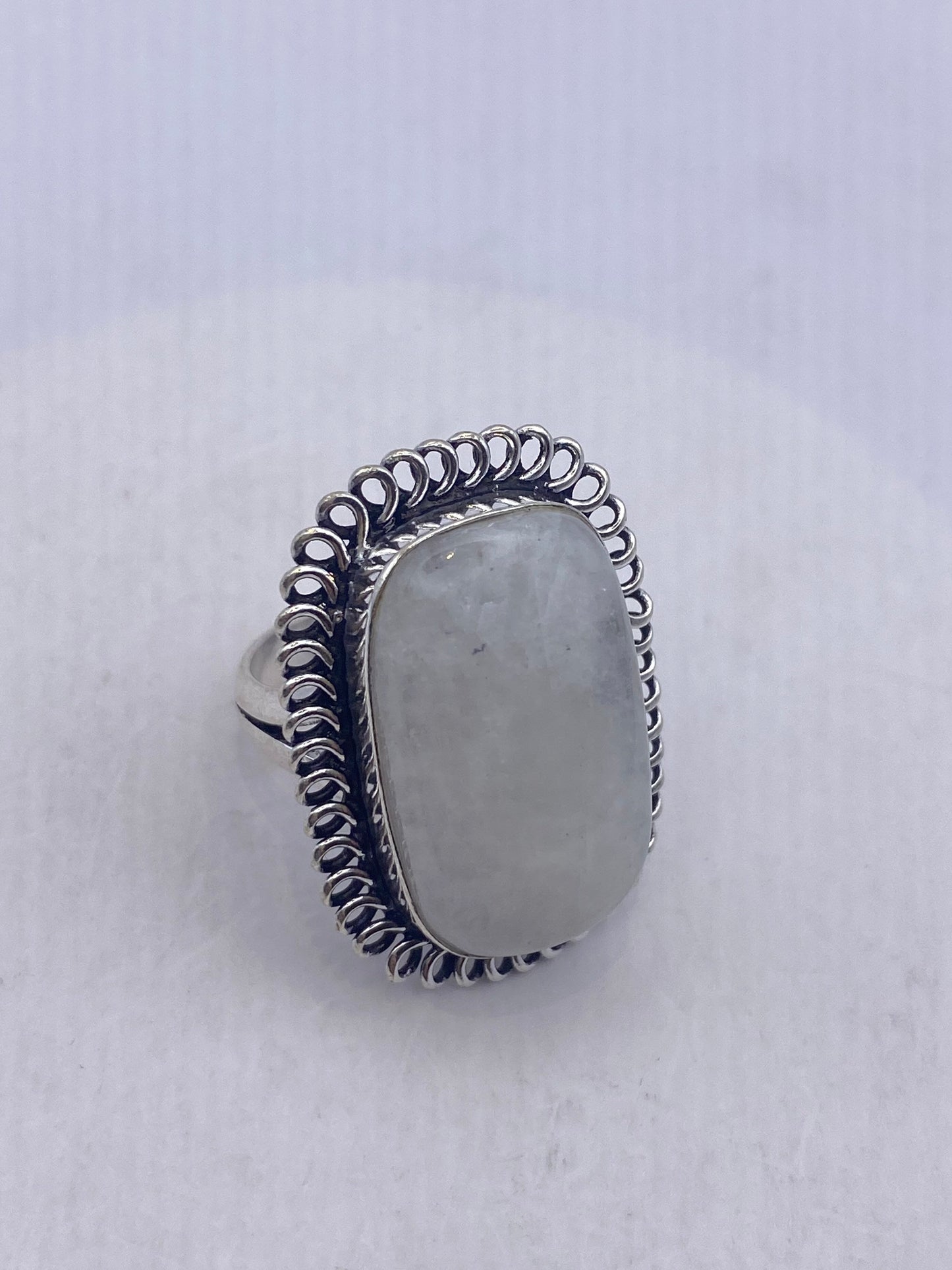 Vintage Large Blue White Rainbow Moonstone Stone Silver Ring