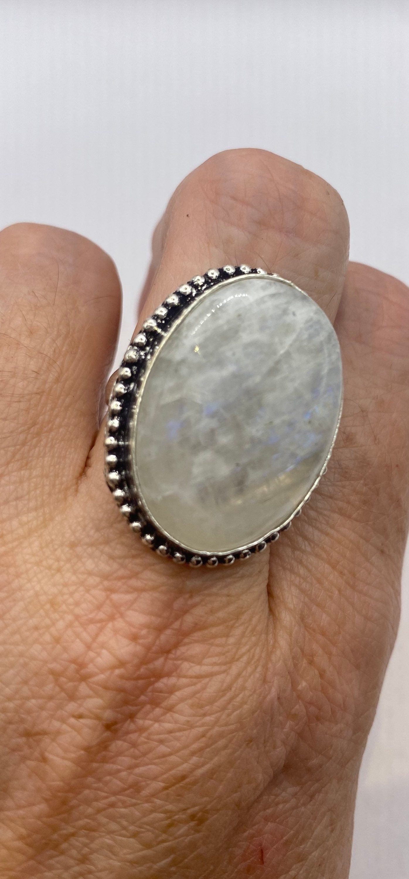 Vintage Large Blue White Rainbow Moonstone Stone Silver Ring