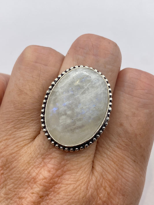 Vintage Large Blue White Rainbow Moonstone Stone Silver Ring